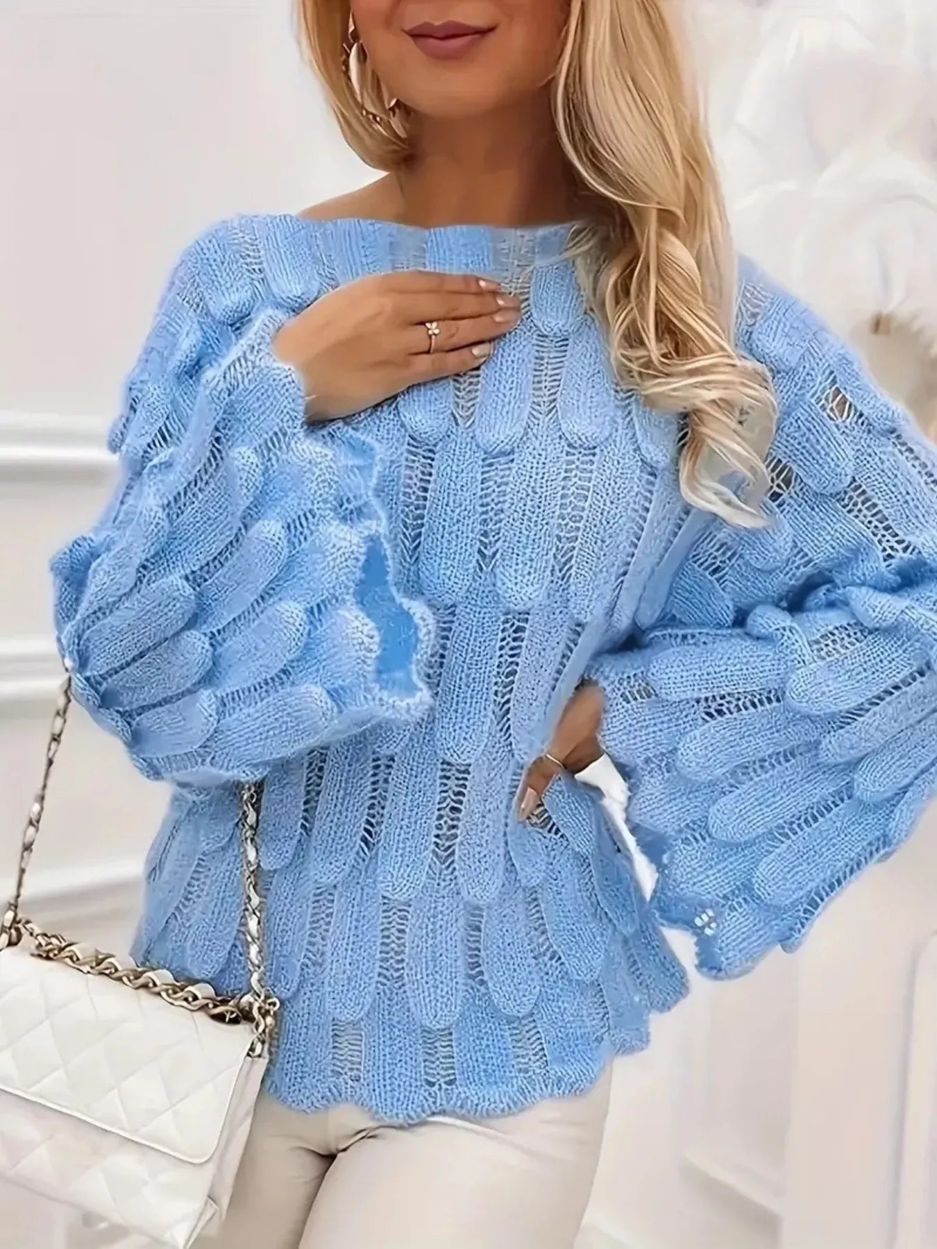 Textured Knit Bell Sleeve Top in light blue with openwork design and stylish bell sleeves, perfect for elegant casual wear.