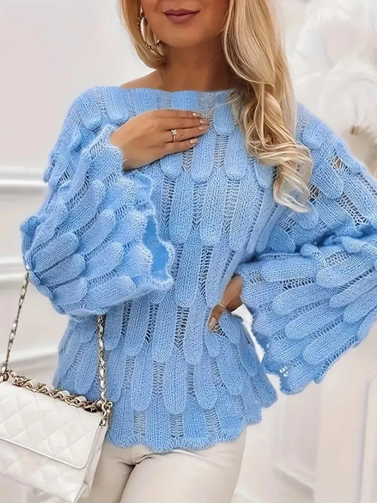 Textured Knit Bell Sleeve Top in light blue with openwork design and stylish bell sleeves, perfect for elegant casual wear.