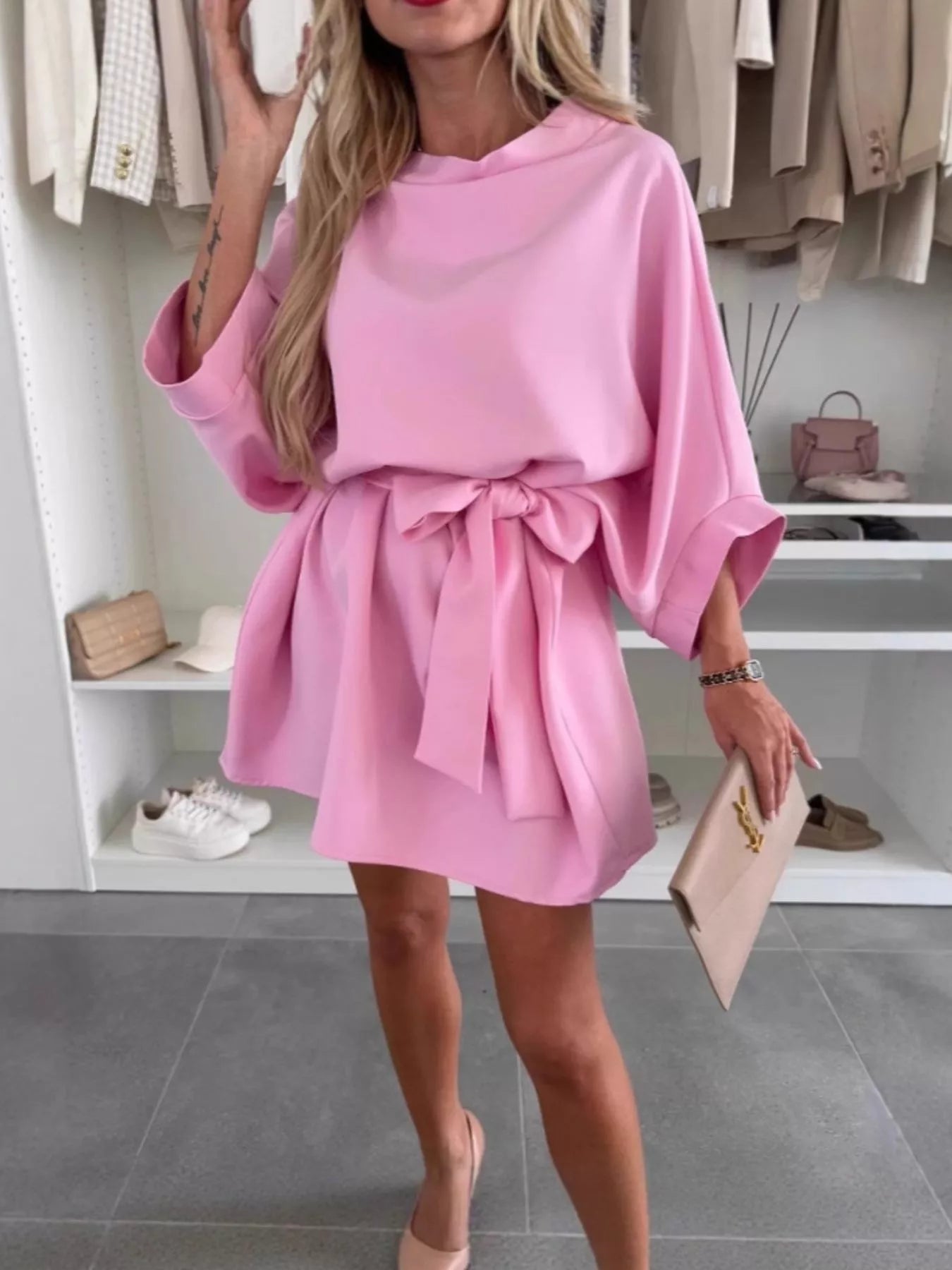 Batwing Sleeve Tie Waist Mini Dress in pink, featuring a belted design and elegant casual style.