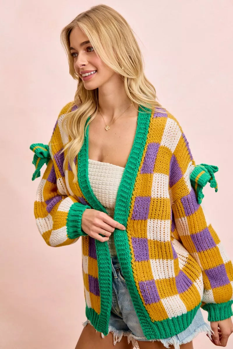 Bibi Mardi Gras Checker Board Front Open Cardigan for Women in vibrant colors, styled casually with shorts.