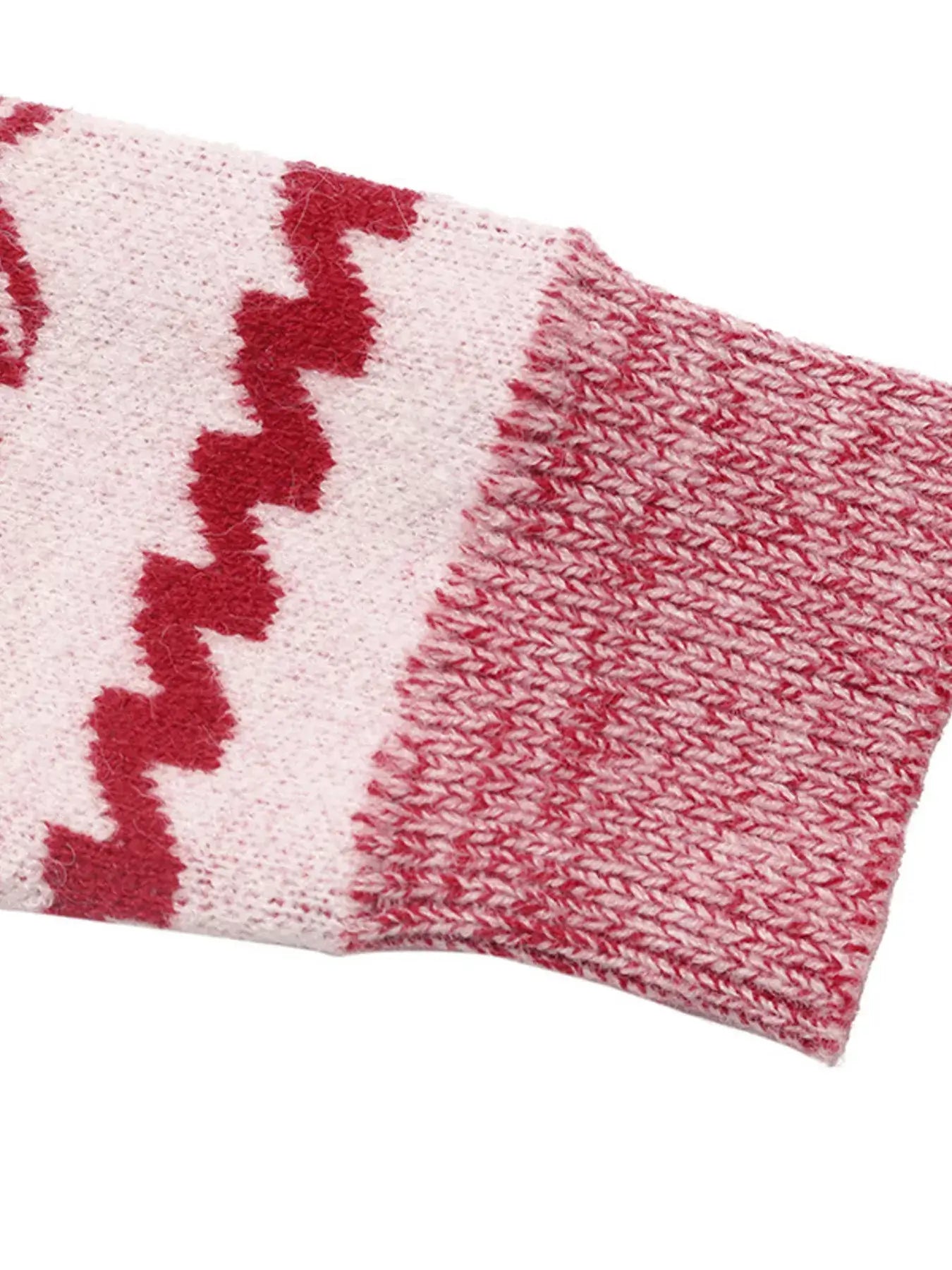 CHEERS Christmas Round Neck Long Sleeve Sweater sleeve detail showing festive zigzag pattern and cozy knit texture.