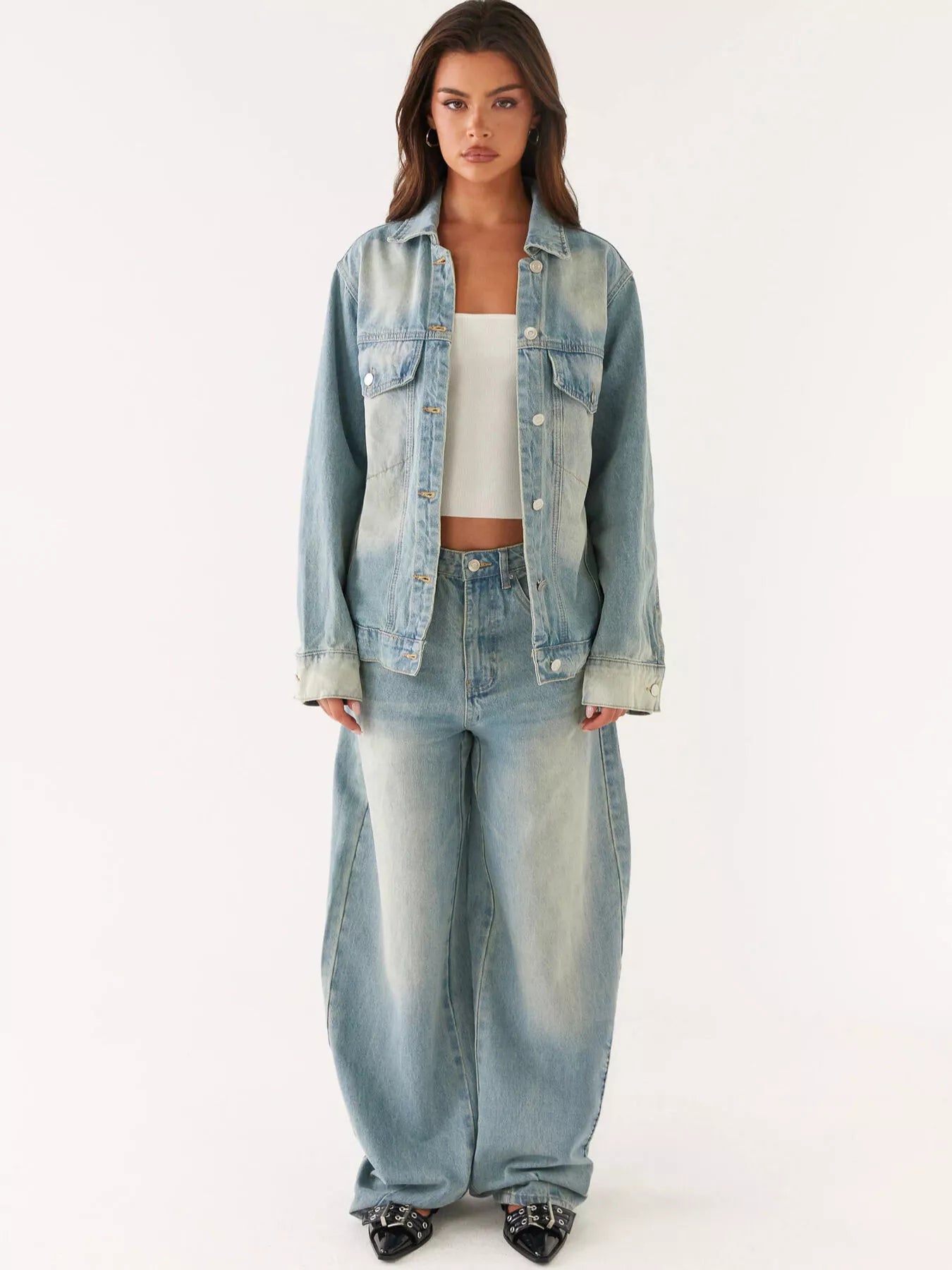 Button Up Denim Jacket and Jeans Set for modern style featuring a model showcasing a stylish denim outfit.