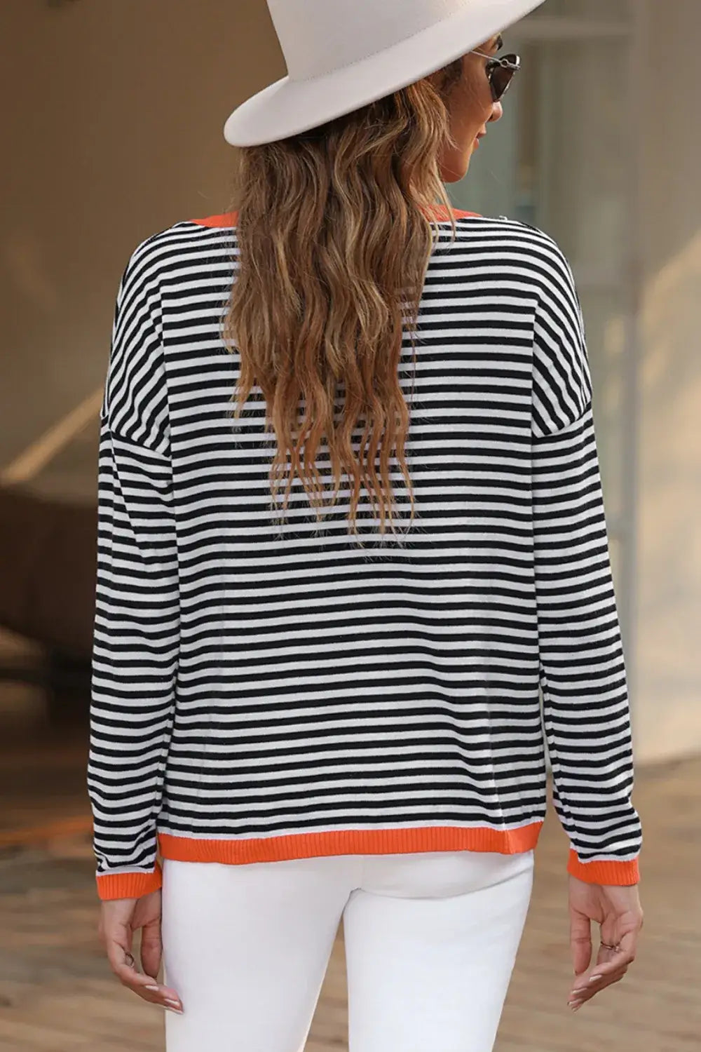 Striped Round Neck Drop Shoulder T-Shirt back view with orange accents, chic and casual style.