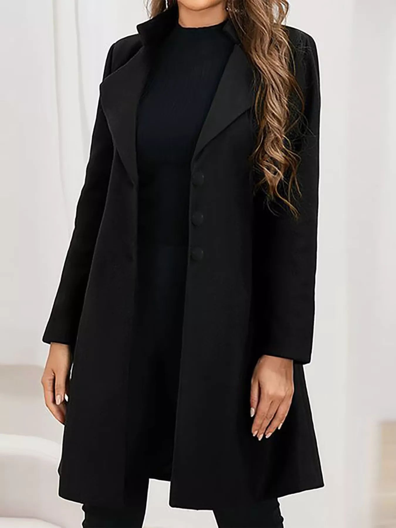 Full Size Single Breasted Long Sleeve Overcoat for Women in black, featuring a buttoned front and stylish collar.