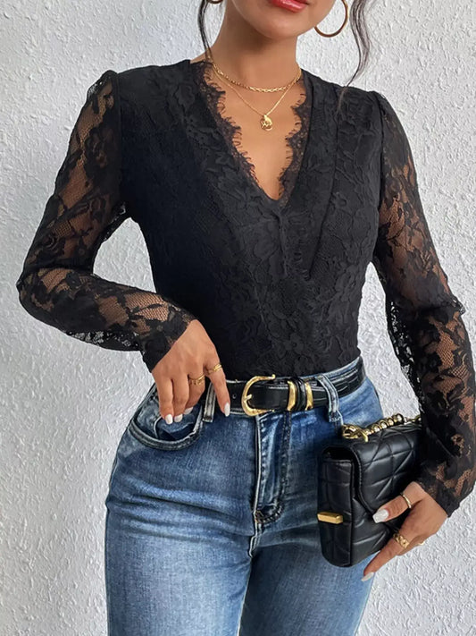 Lace V-Neck Long Sleeve Bodysuit styled with high-waisted jeans and accessories for a chic look.