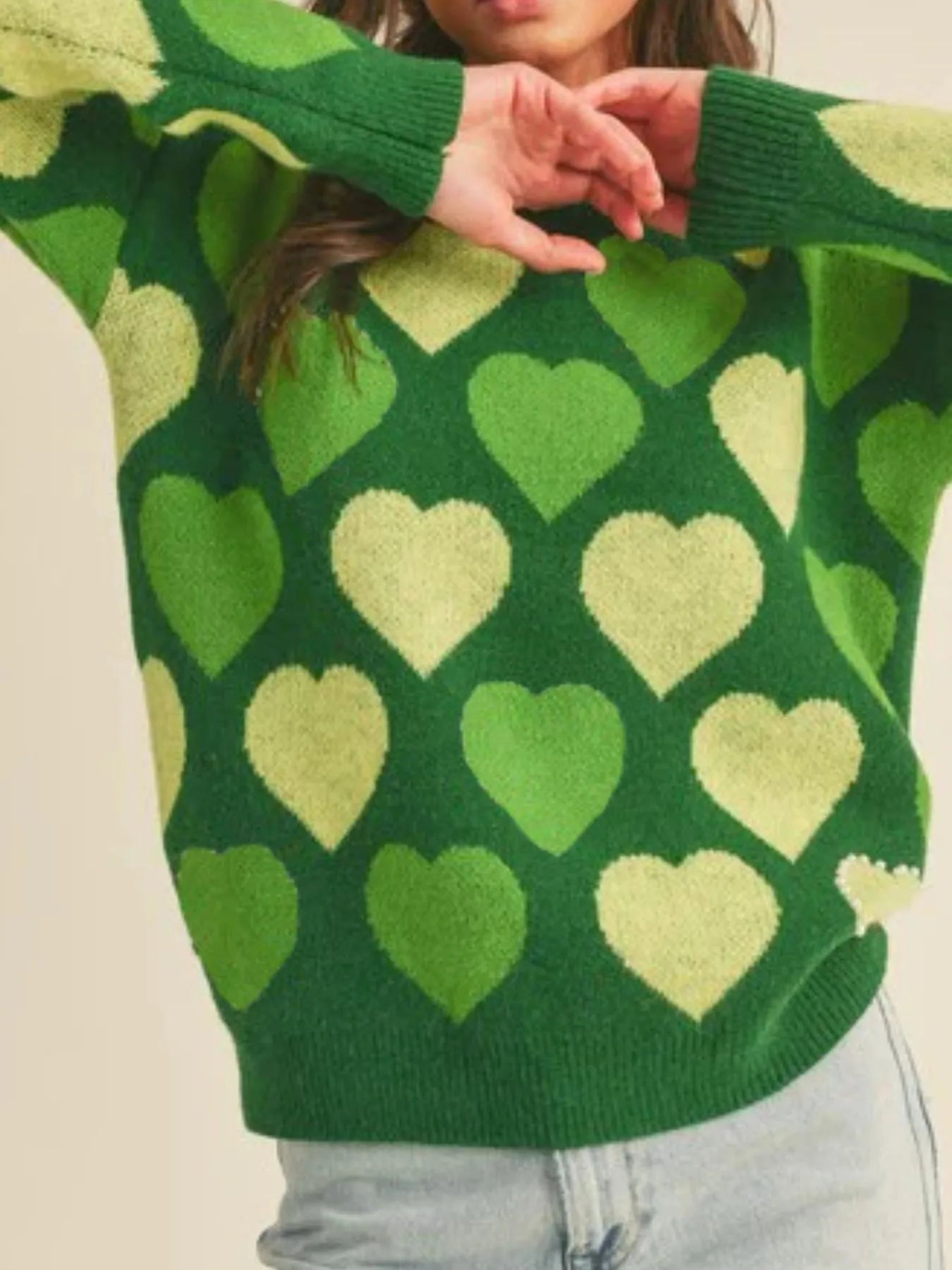 Heart Ribbed Hem Long Sleeve Sweater in green with heart pattern, perfect for everyday style and slightly stretchy.