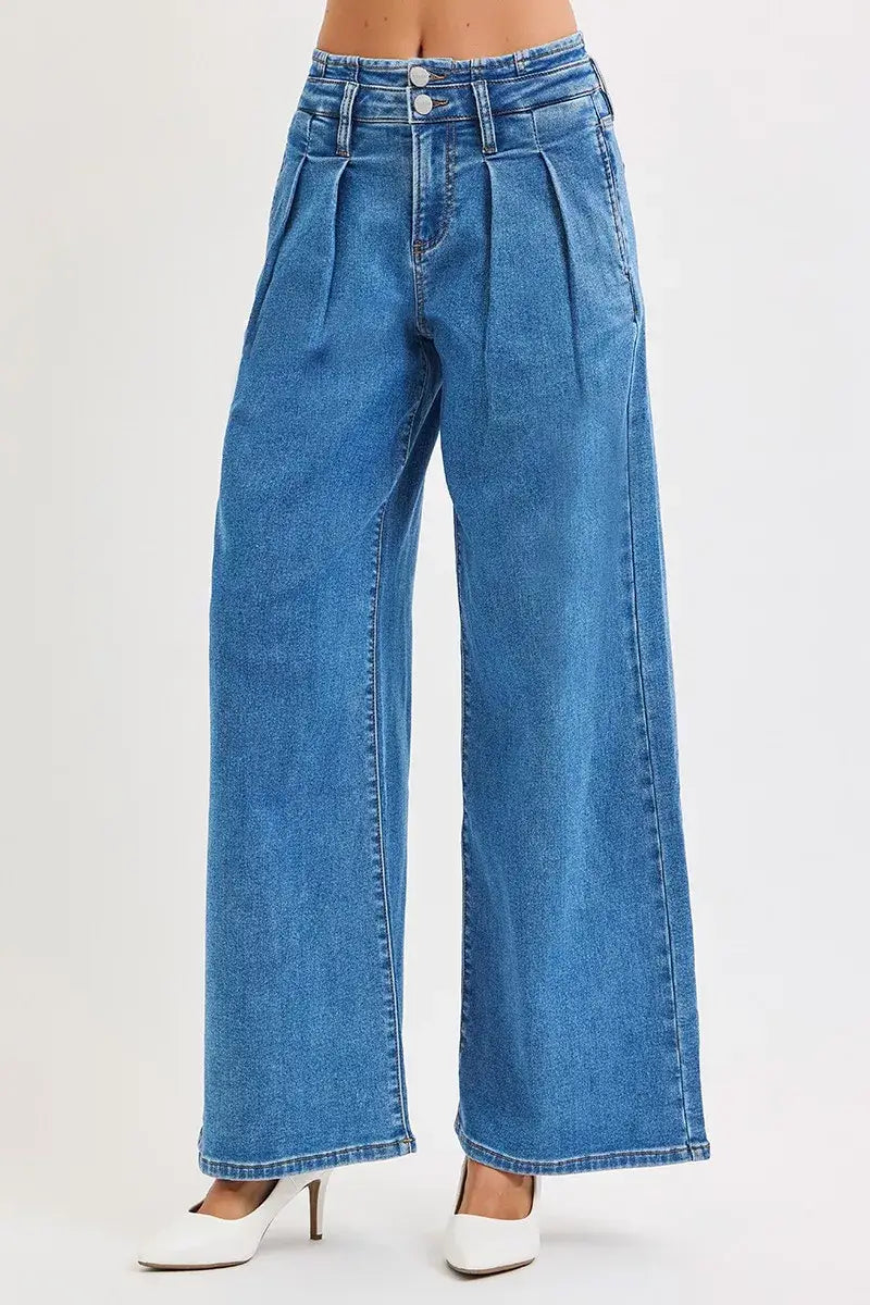 RISEN Pleated Wide Leg Jeans Plus Size in blue denim, featuring a mid-rise waist and elegant pleats for a stylish silhouette.