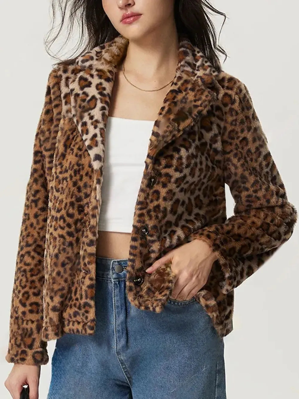 Fuzzy Leopard Collared Neck Jacket worn by a model, featuring buttoned front and stylish leopard print design.