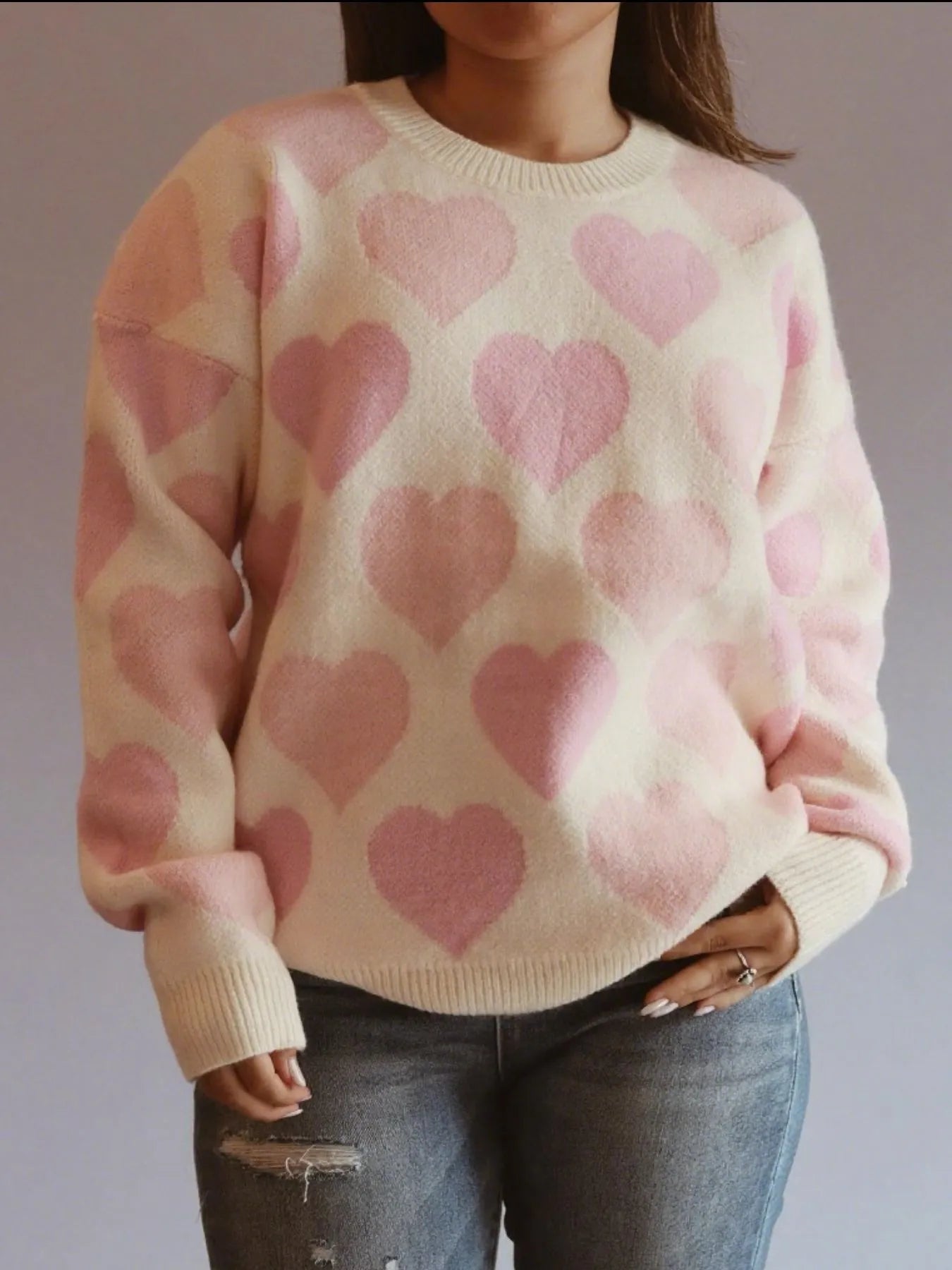Heart Ribbed Hem Long Sleeve Sweater with pink heart patterns, perfect for casual everyday style.