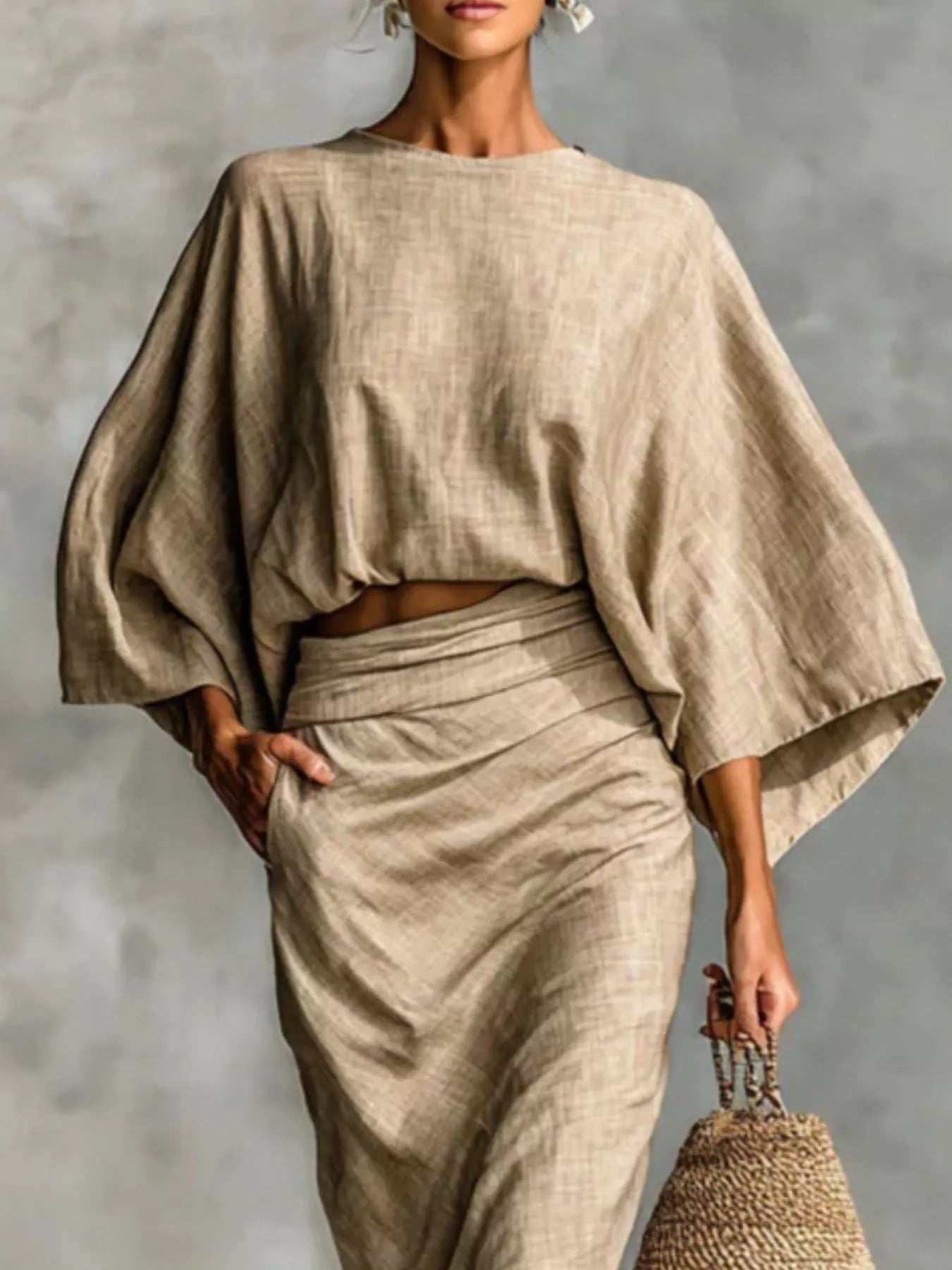 Kimono Sleeve Top and Ruched Skirt Set - Elegant two-piece outfit featuring a chic design and soft, flowing fabric.