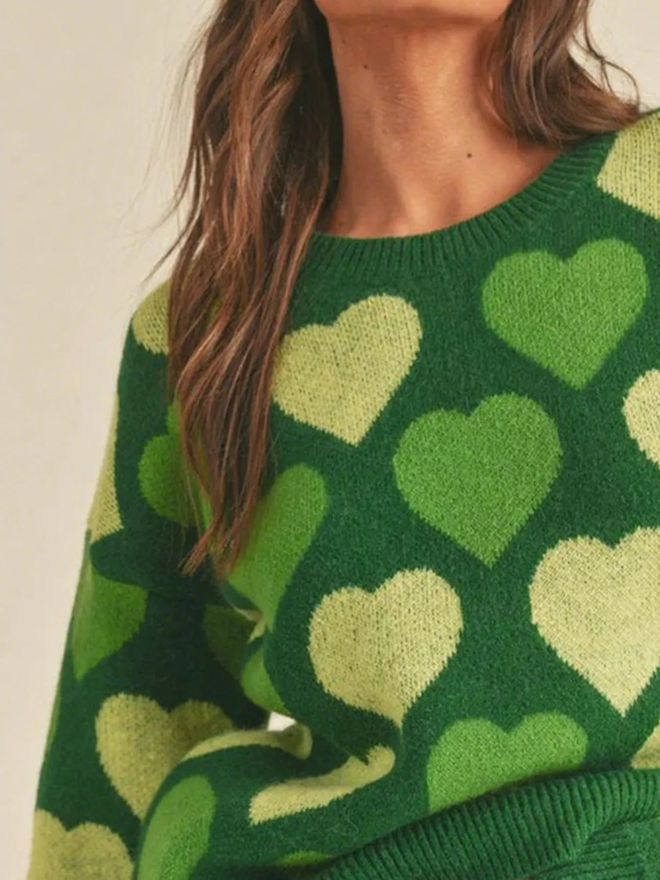 Heart Ribbed Hem Long Sleeve Sweater featuring a green heart pattern for everyday style.