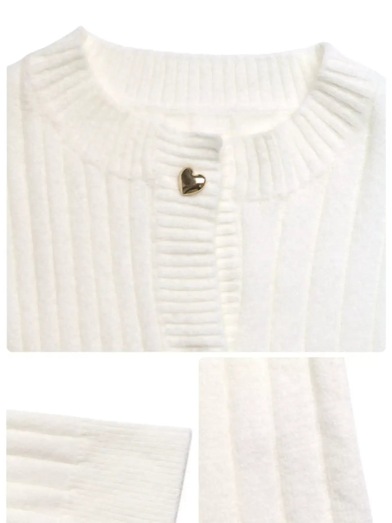 Ribbed Button Up Long Sleeve Cardigan with classic ribbed texture and heart-shaped button detail.