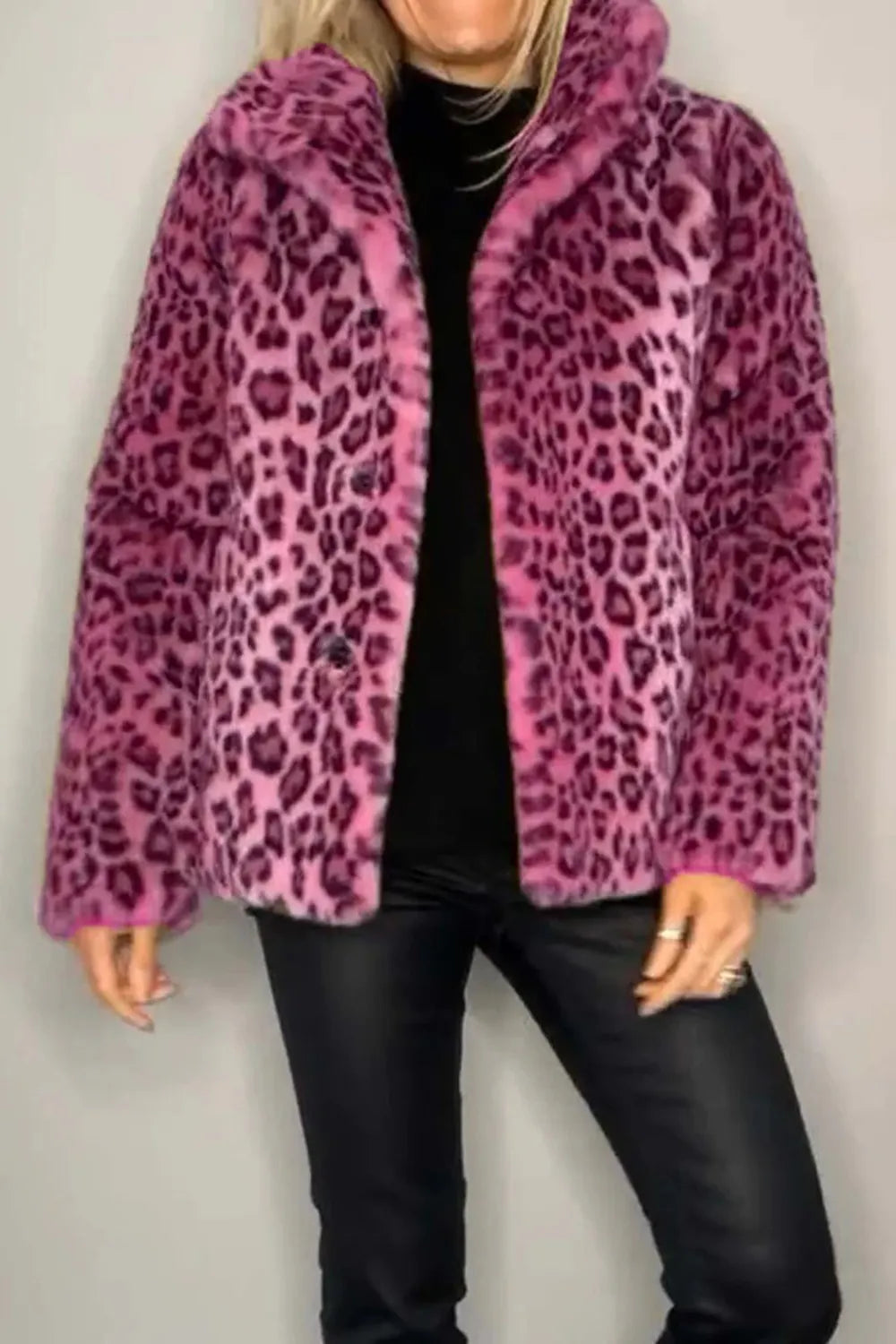 Full Size Leopard Furry Collared Neck Long Sleeve Coat displayed on a model, featuring pink leopard print design.