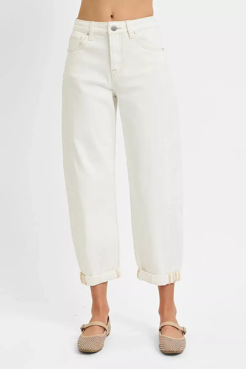 RISEN Full Size High Rise Barrel Cropped Jeans Plus Size in white, featuring a stylish high-rise waist and chic cropped length.