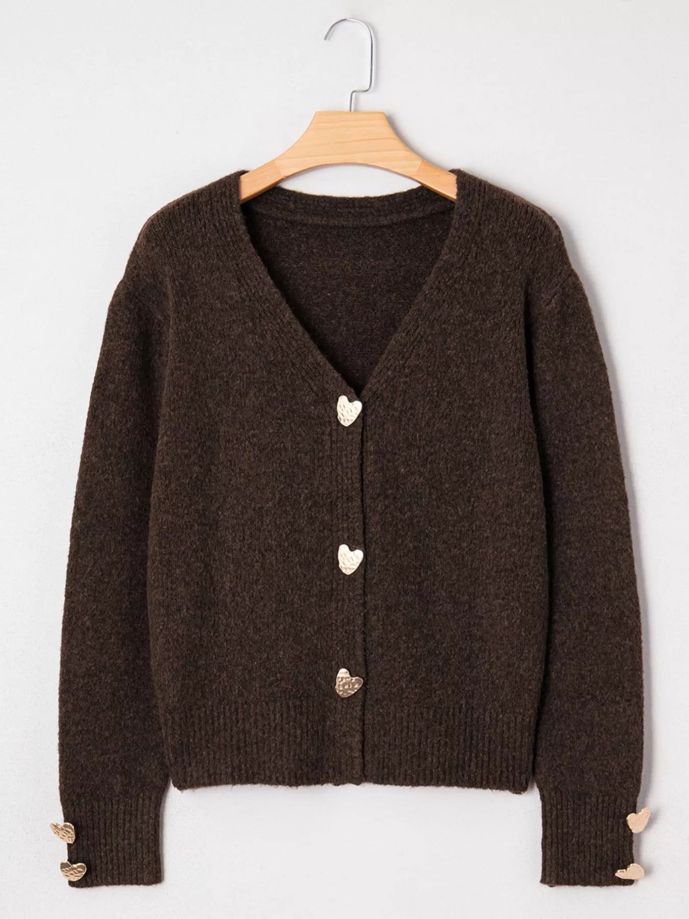 Heart Metal Button V Neck Cardigan Sweater for Women in brown with heart-shaped buttons.