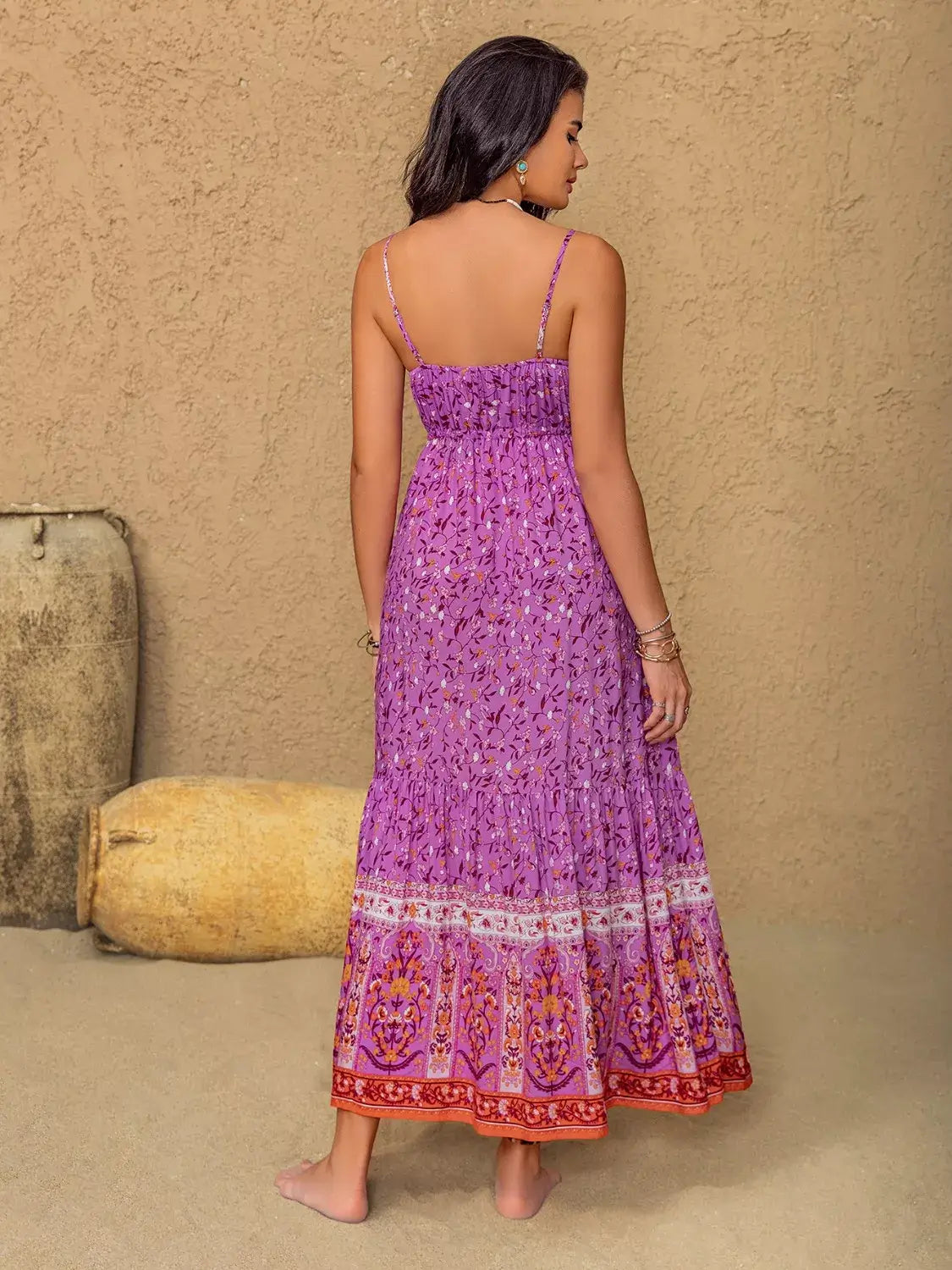 Tassel Floral Print Cami Dress showing back view with adjustable straps and vibrant purple floral pattern for summer.