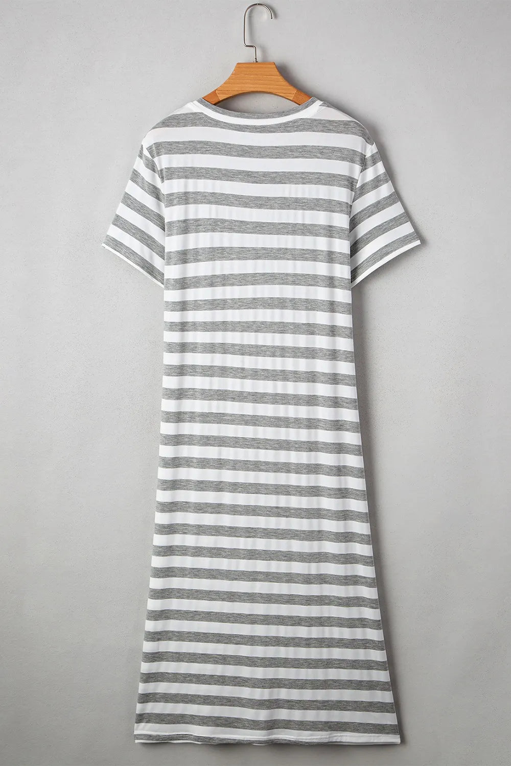 Casual Striped V-Neck Midi T-Shirt Dress back view on hanger, featuring gray and white stripes.