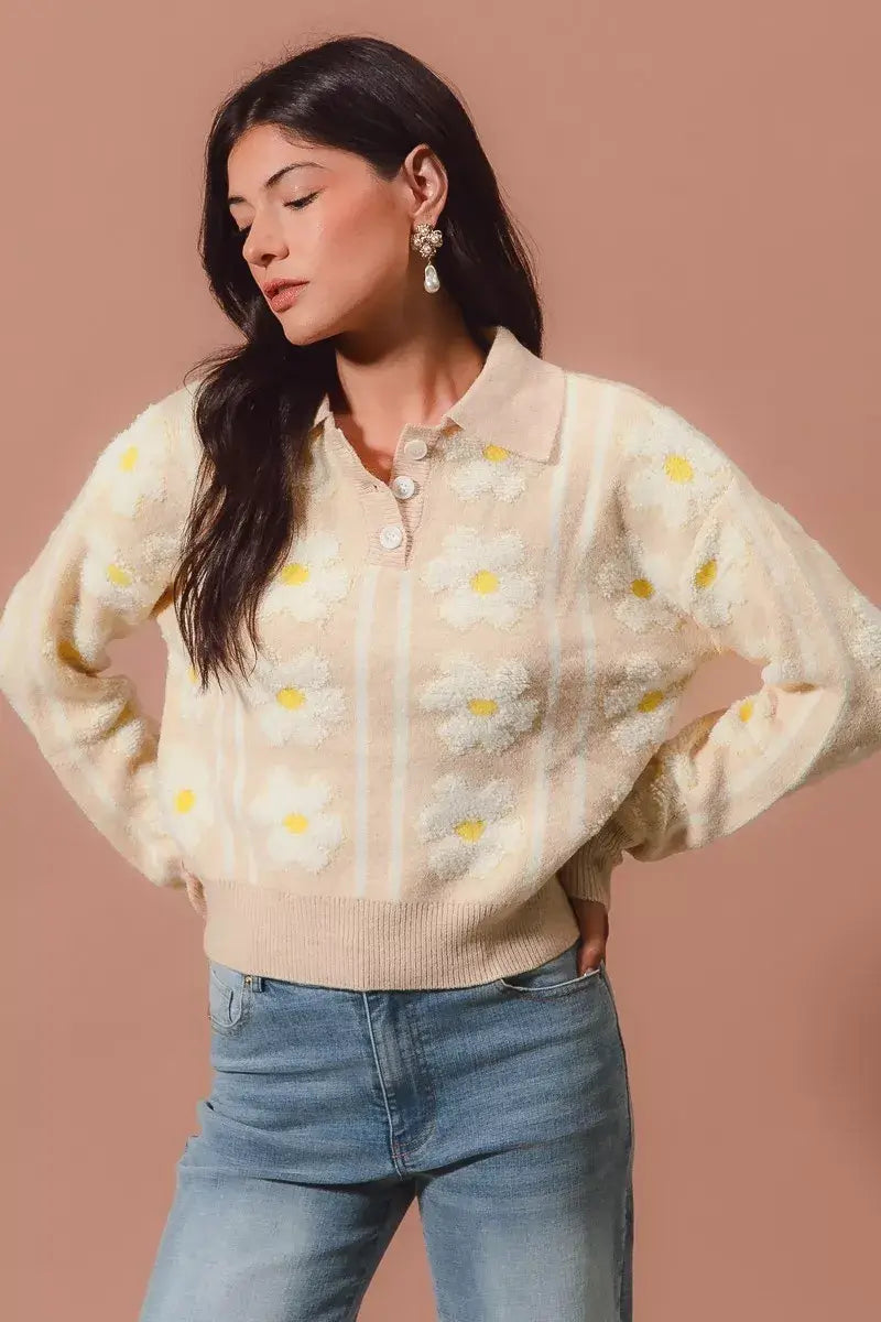 SO ME floral stripe polo collar sweater in soft knit with floral and stripe patterns, worn with denim jeans.