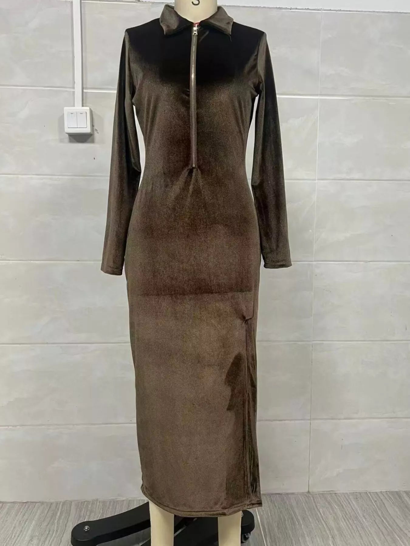 Velvet Zip Front Slit Midi Dress in brown, featuring a zipper and slit design, perfect for elegant occasions.