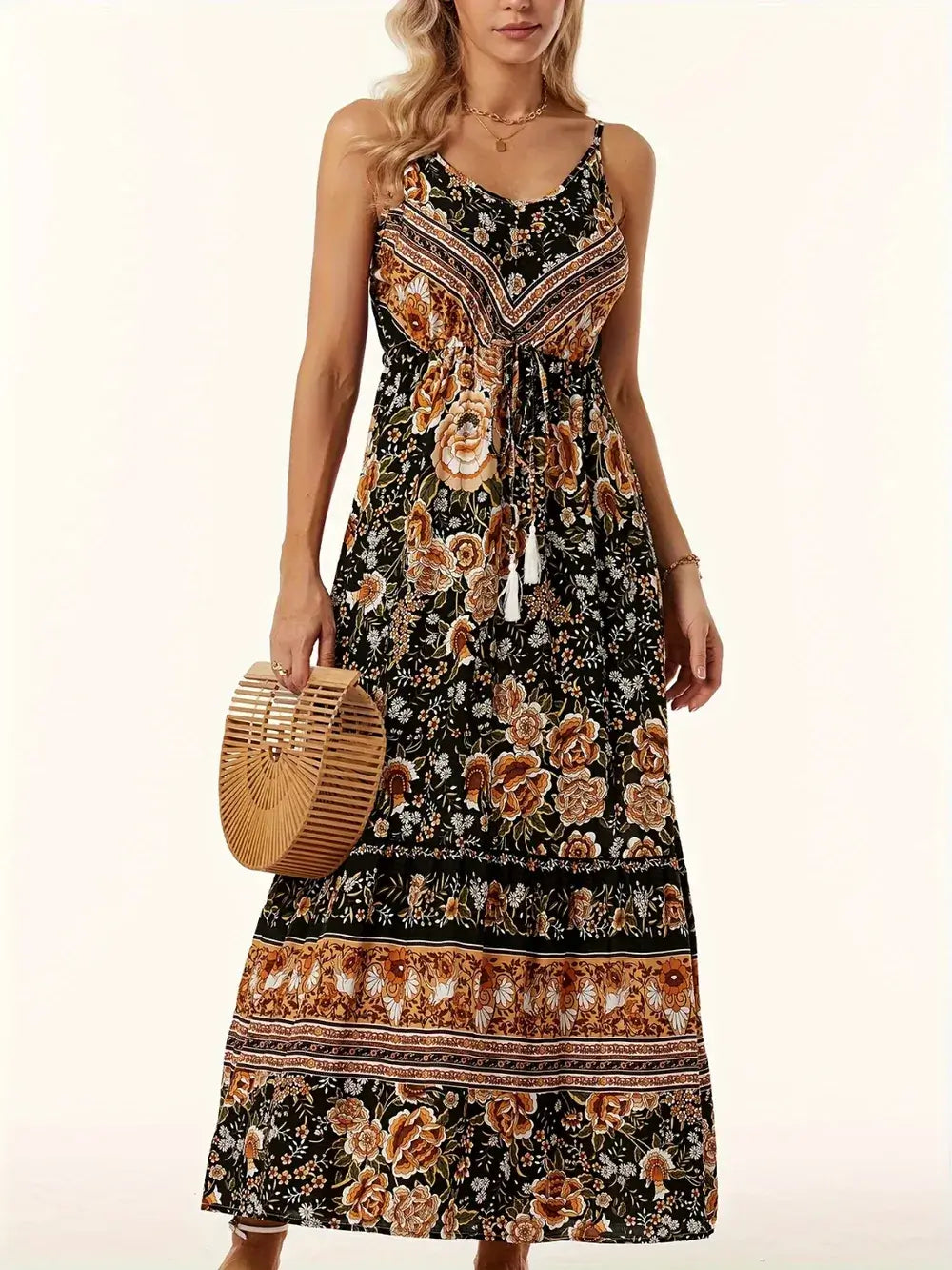 Printed Scoop Neck Midi Cami Dress – chic floral design with a sleeveless cami cut and flowing silhouette.