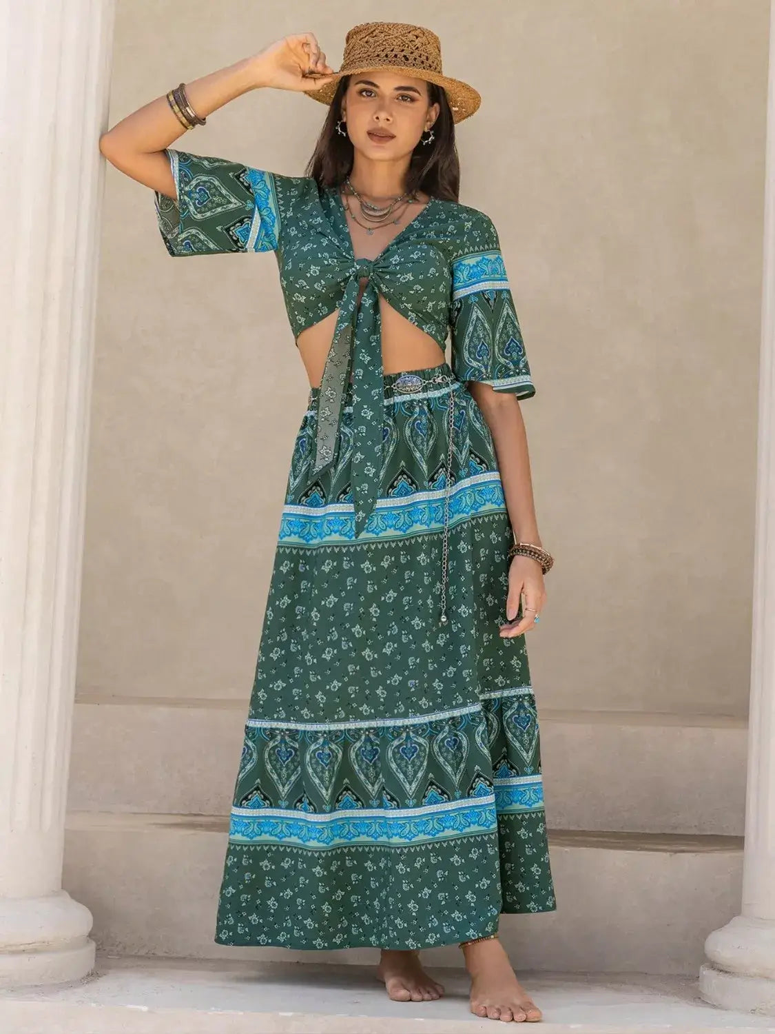 Tie Front Half Sleeve Top and Skirt Set for Women in green with blue patterns, showcasing summer style and comfort.
