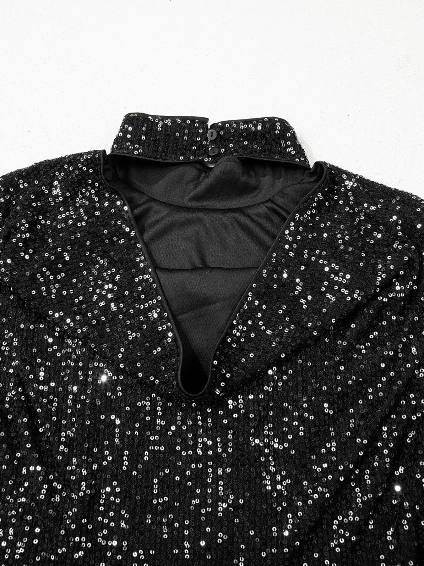 Sequin Mock Neck Drape Open Back Bell Sleeve Top close-up showing mock neck and sequin details for glam nights.