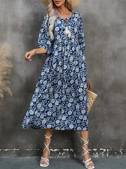 Printed Tie Neck Midi Dress – Elegant ruched cotton style with floral print, ideal for summer outings and casual events.