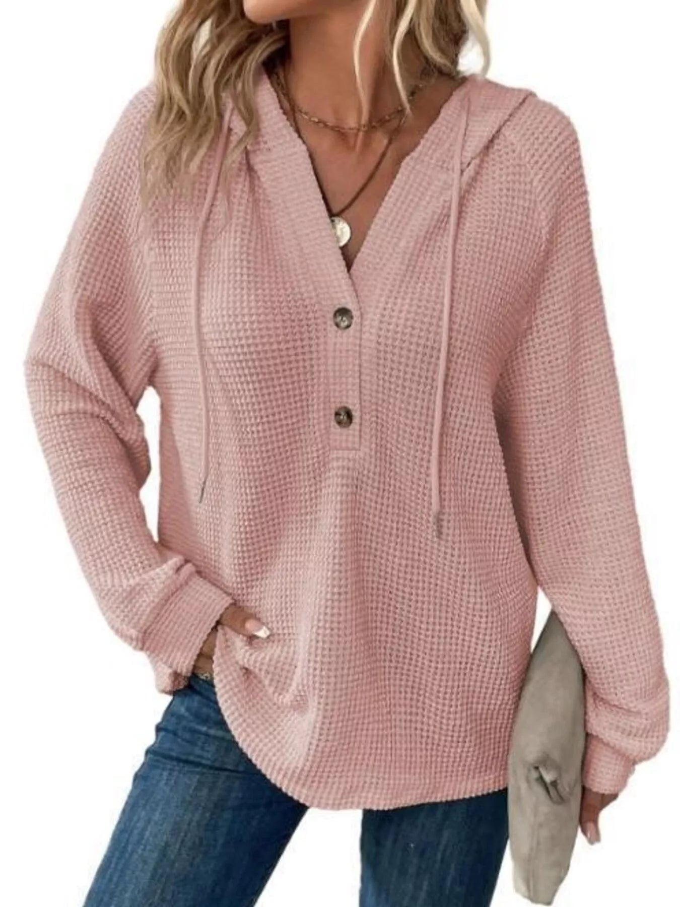 Full Size Button Detail Waffle Knit Hoodie Plus Size in pink, featuring button details and a cozy hood.