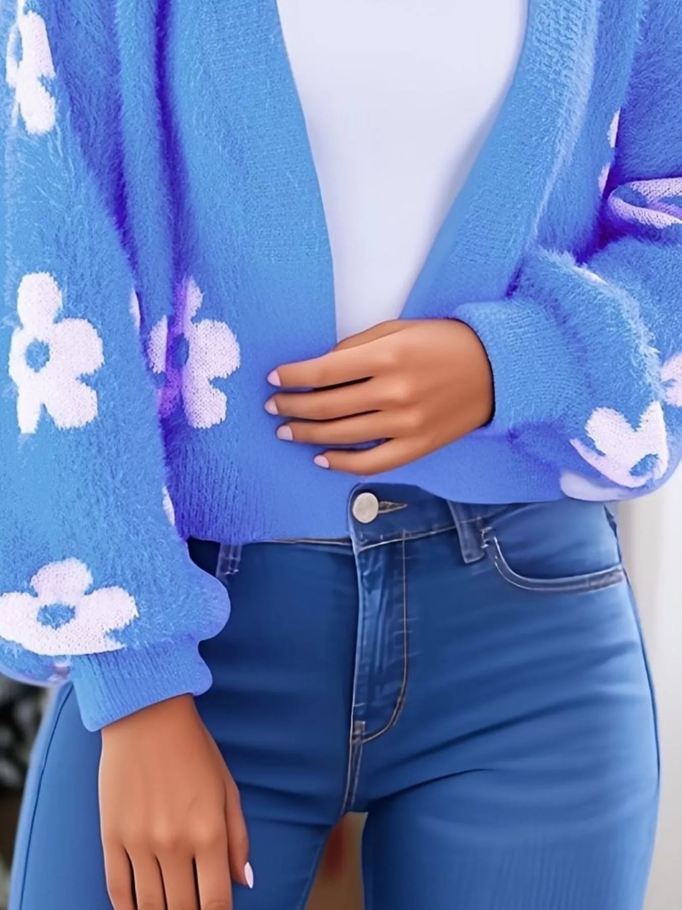 Floral Open Front Cardigan for Women in blue with white flowers, perfect for everyday style.
