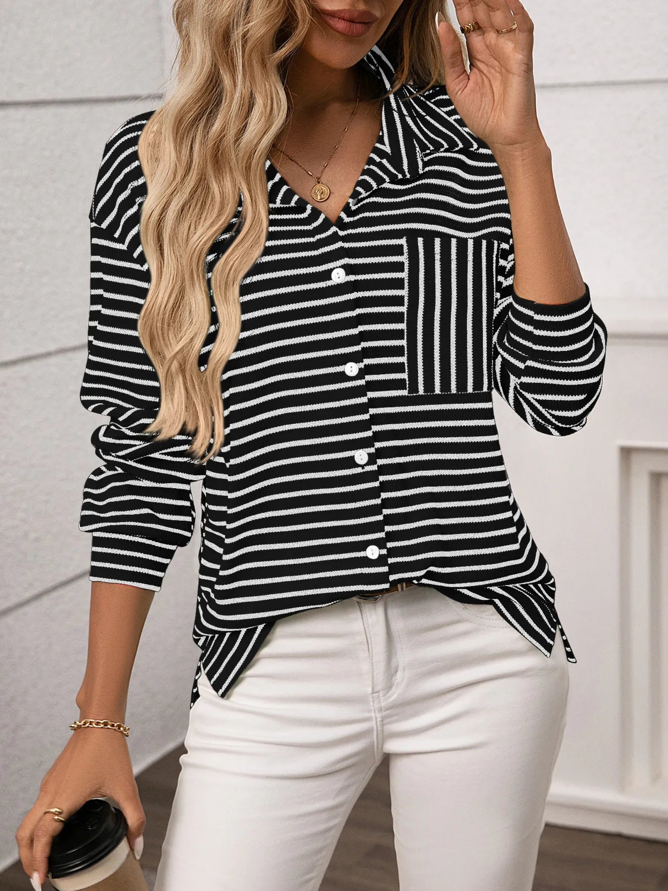 Striped Button Up Long Sleeve Shirt for Everyday Wear, featuring a buttoned design and a pocket.