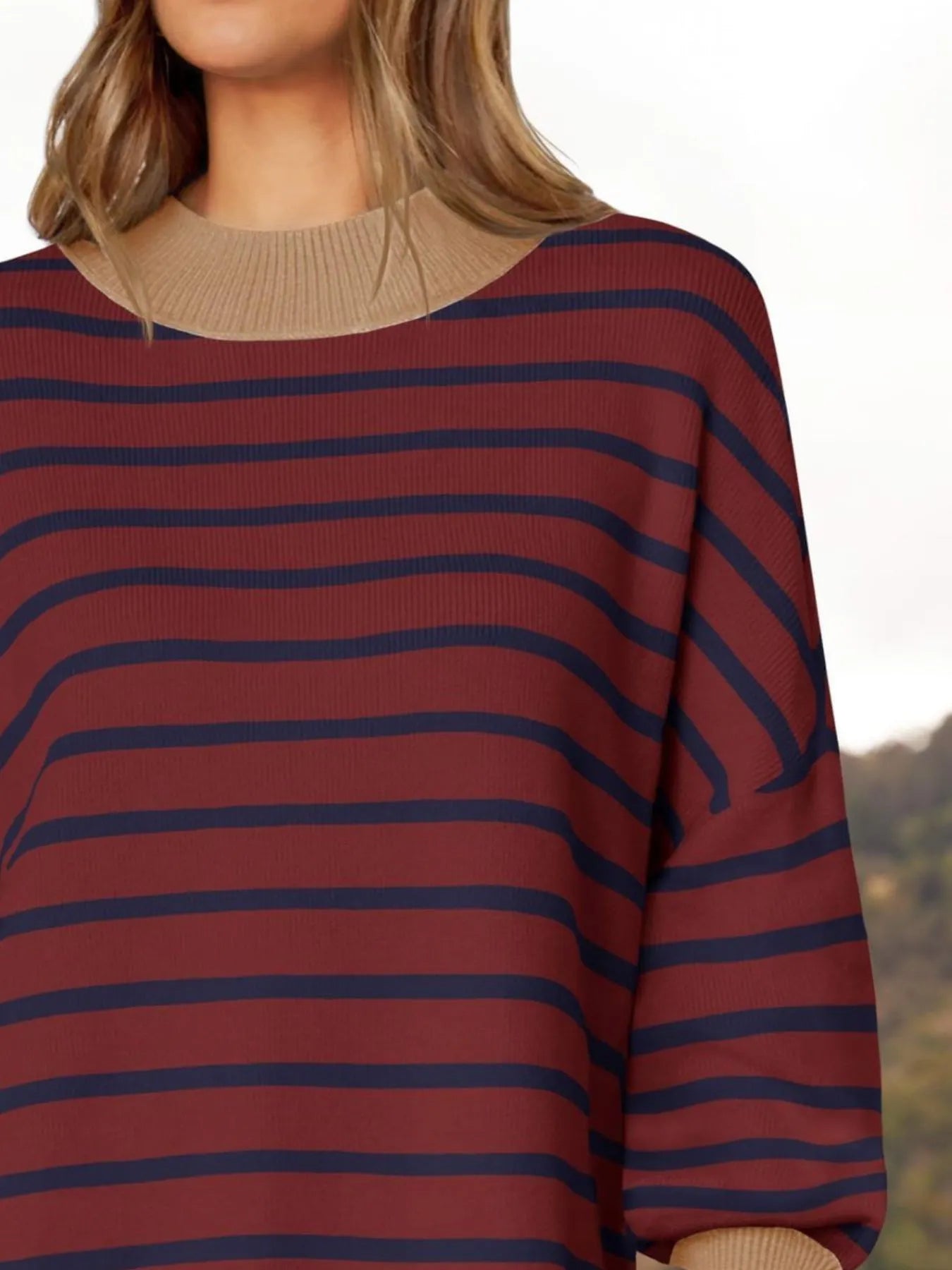 Striped Round Neck Long Sleeve Sweater with oversized fit and slightly stretchy fabric, perfect for everyday style.