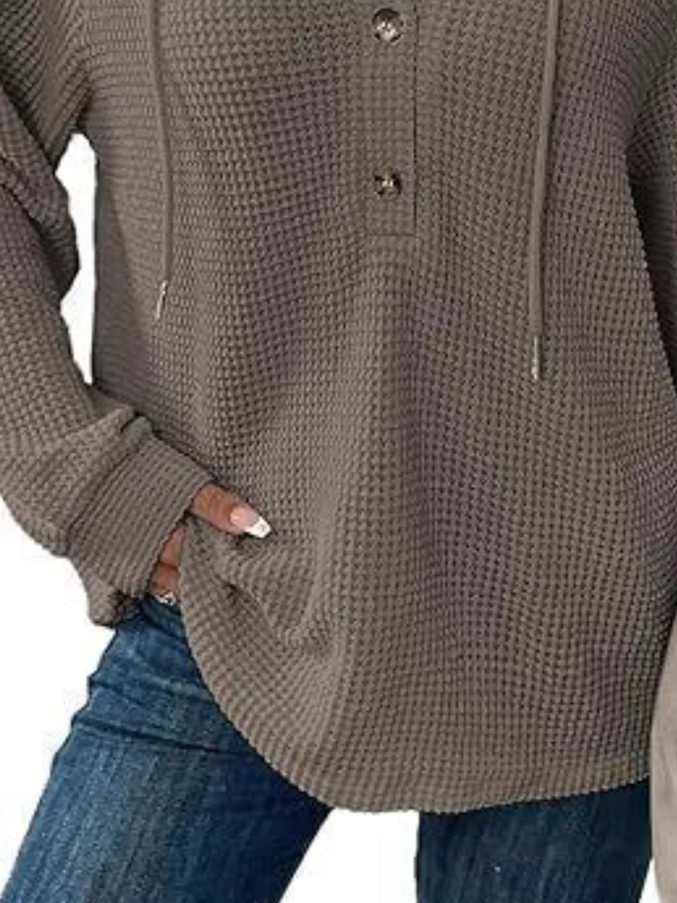 Full Size Button Detail Waffle Knit Hoodie Plus Size in gray color, featuring button detail and cozy fabric.