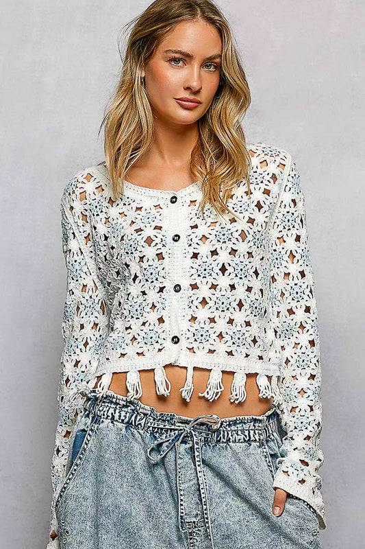 Openwork Floral Crochet Cardigan with tassel hem design, featuring intricate crochet and a feminine fit.