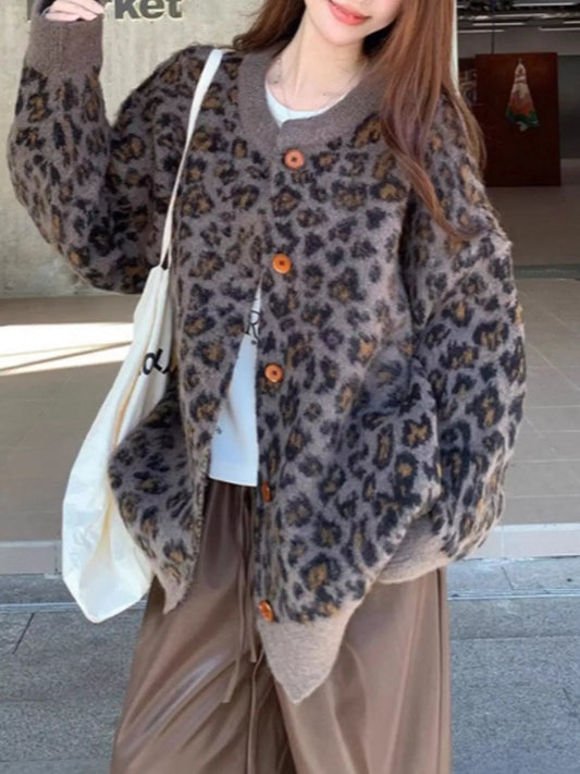 Leopard Button Up Cardigan worn casually with button details and oversized fit, ideal for layering.