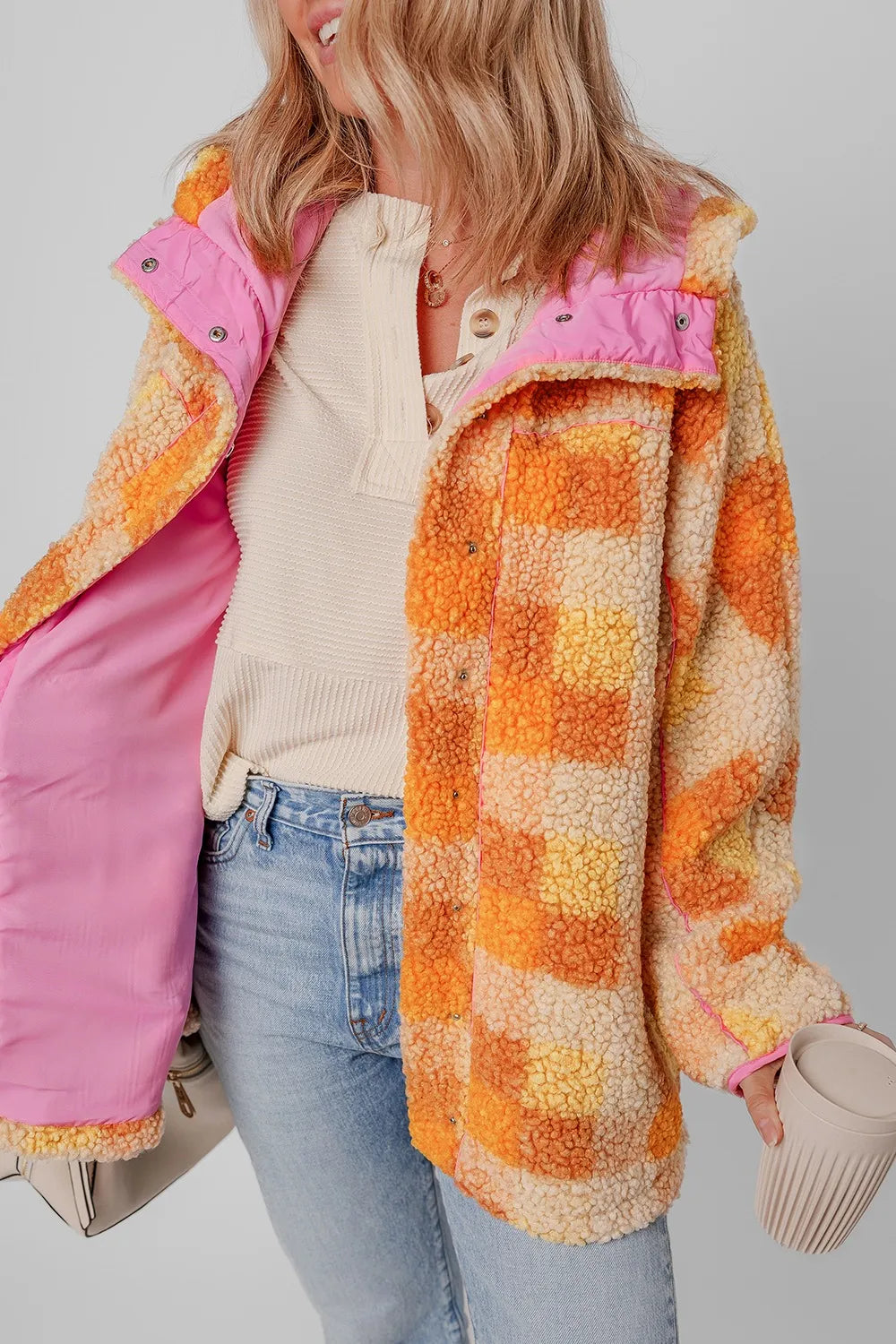 Checkered Long Sleeve Sherpa Hooded Jacket for cozy everyday wear, featuring an orange and yellow checkered pattern.