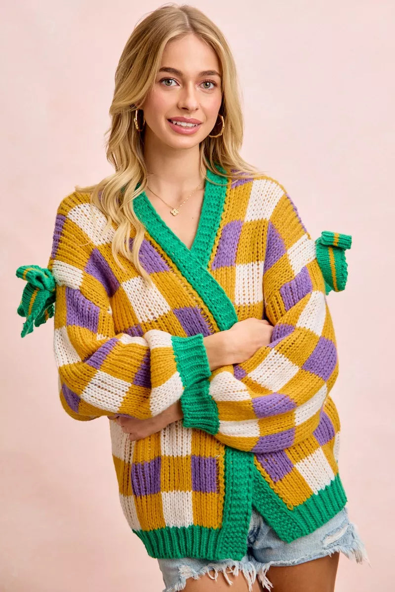 Bibi Mardi Gras Checker Board Front Open Cardigan for Women in vibrant checkerboard pattern with green accents.