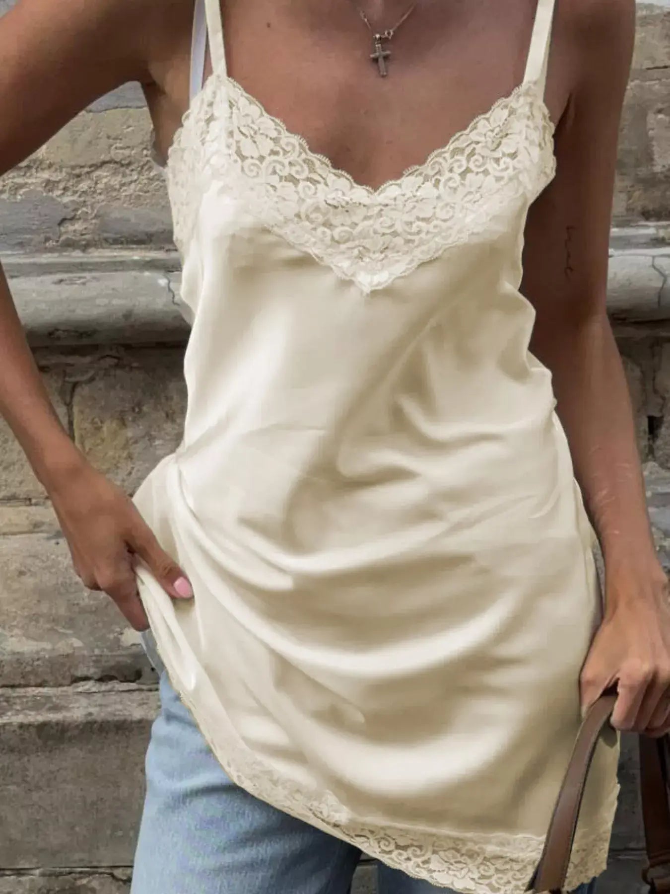 Lace Detail V-Neck Cami in cream showcases delicate lace trim for a feminine touch.