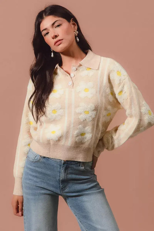 SO ME floral stripe polo collar sweater featuring floral and stripe designs with a chic knit style.