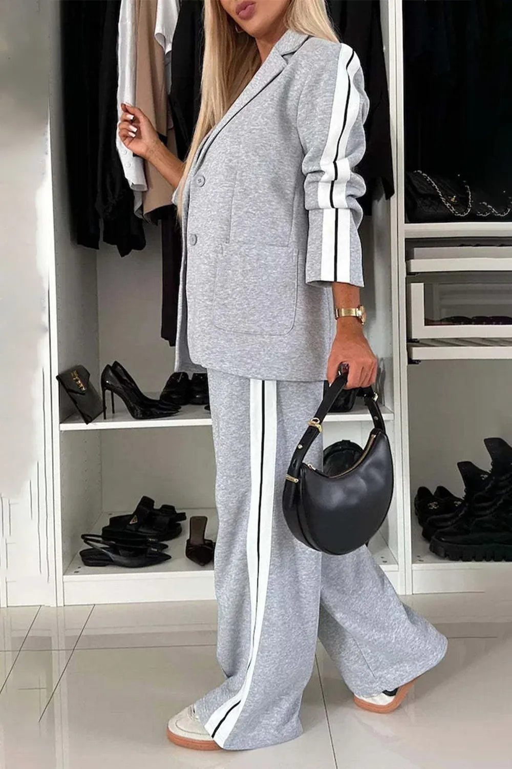 Full Size Contrast Lapel Collar Top and Pants Set modeled in gray with striped design and accessories.