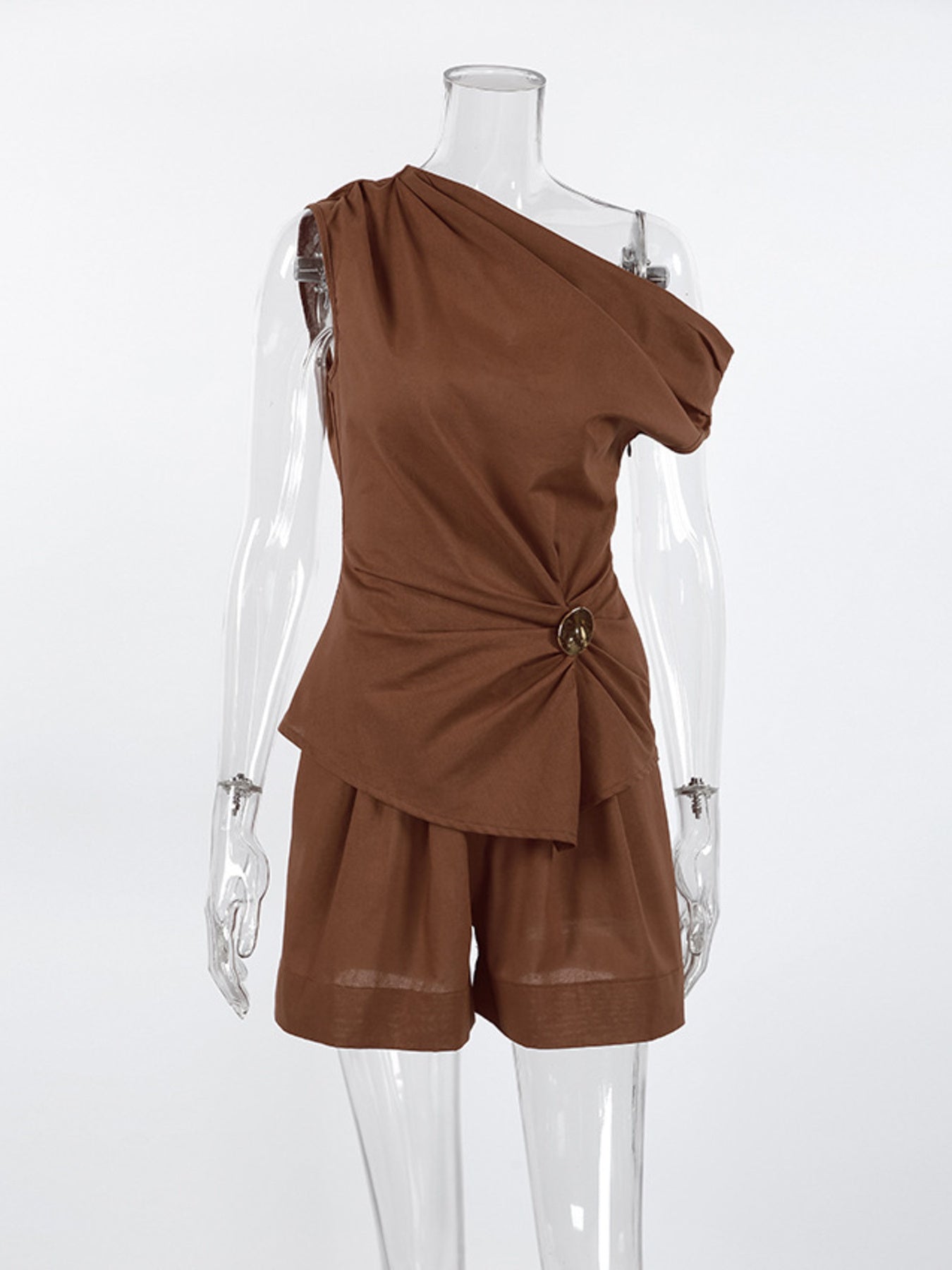 One Shoulder Top and Shorts Set Stylish Asymmetrical Outfit in brown with ruched details and a unique side knot.