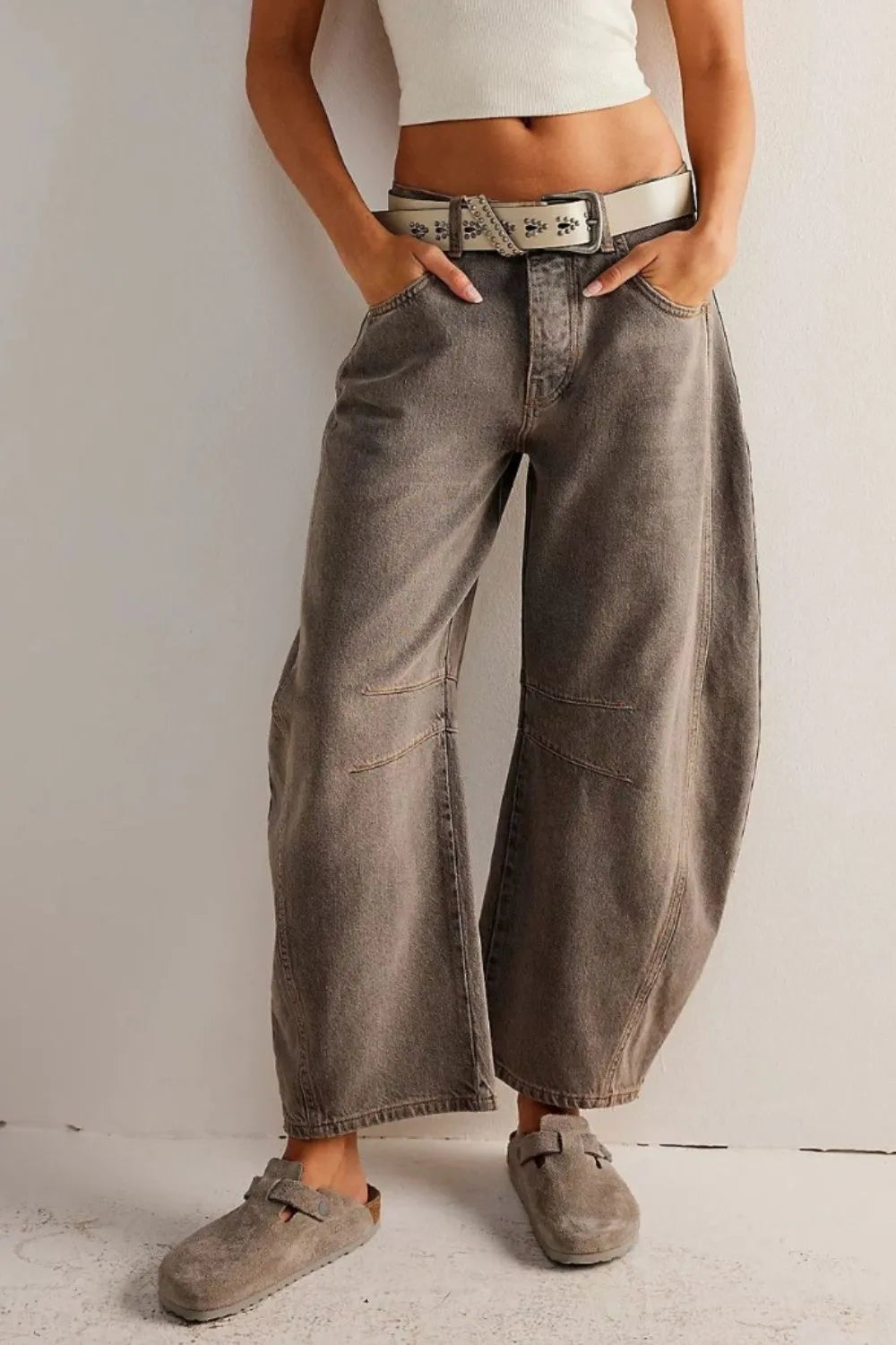 Wide Leg Jeans with Pockets styled with a white crop top and belt, featuring an everyday casual look.