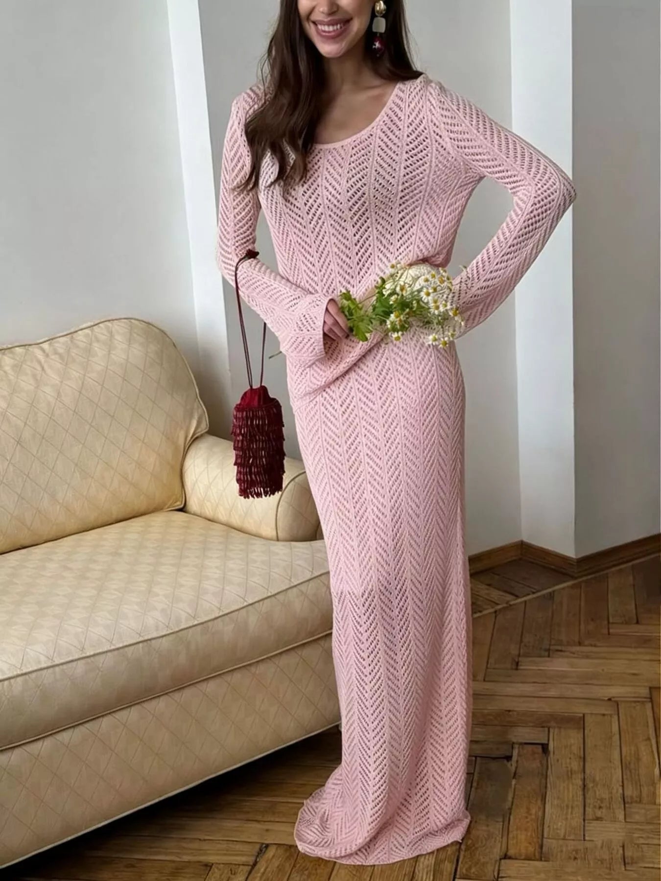 Openwork Long Sleeve Knit Top and Skirt Set Elegant Women Outfit, featuring a pink long-sleeve design with a floral arrangement.