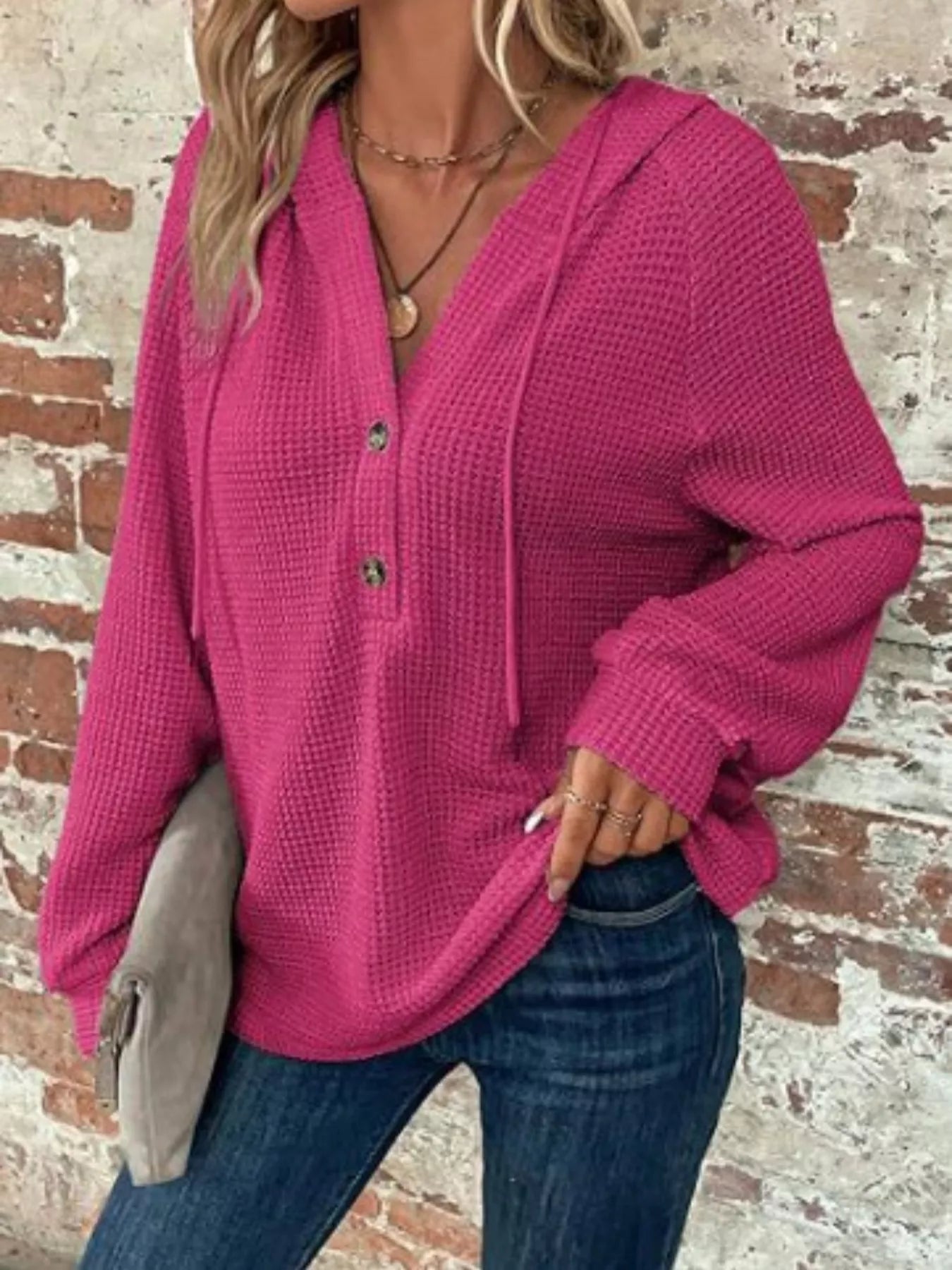 Full Size Button Detail Waffle Knit Hoodie Plus Size in pink, featuring button details and a cozy hood for stylish comfort.