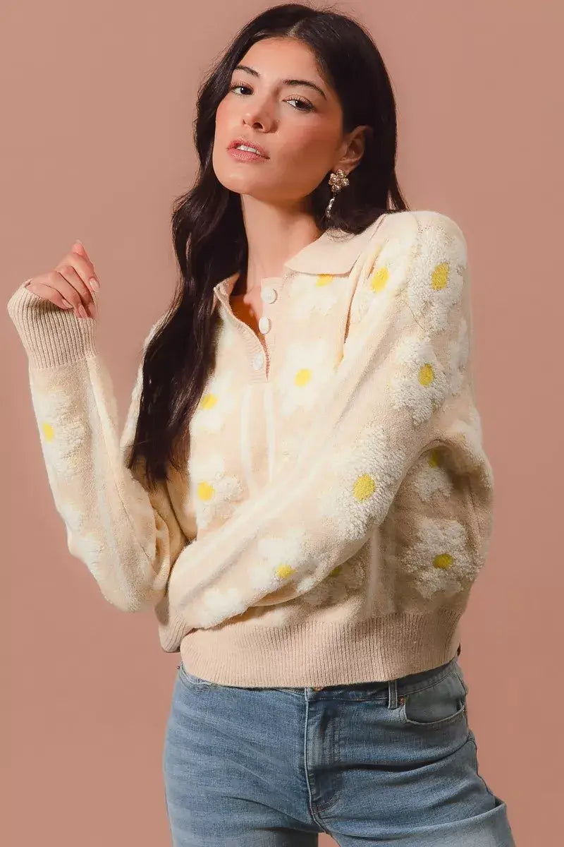 SO ME floral stripe polo collar sweater featuring floral patterns and a stylish polo collar, perfect for chic casual wear.