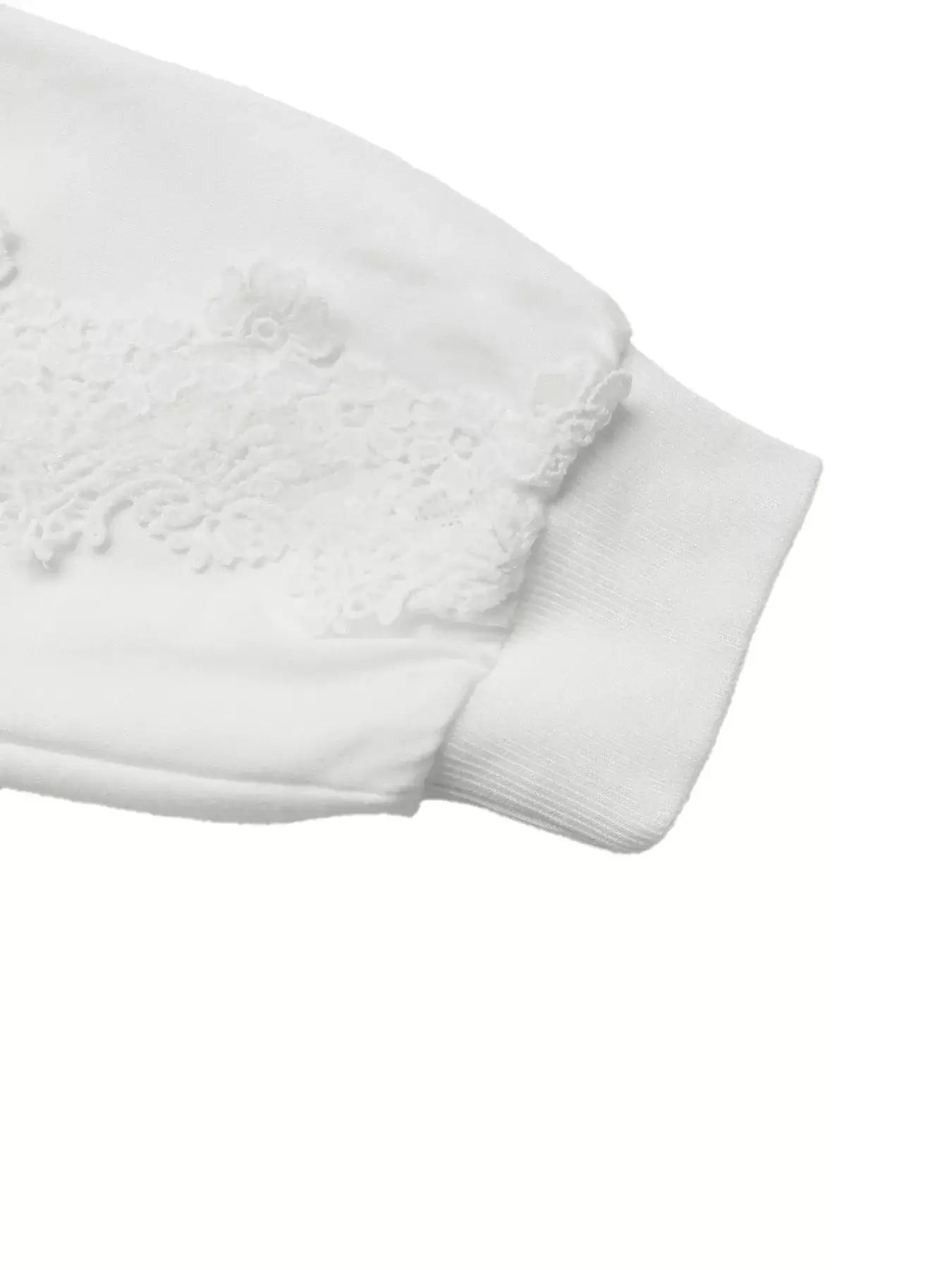 Close-up of the sleeve of the Lace Detail Long Sleeve Drawstring Hoodie showcasing elegant lace accents.