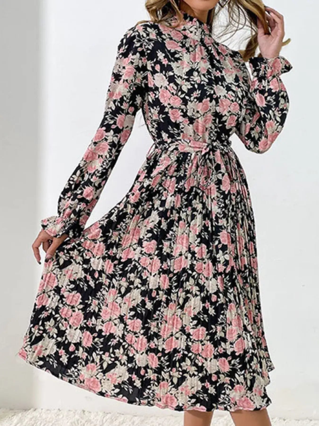 Floral Print Long Sleeve Pleated Midi Dress for Elegant Women with feminine floral design and pleated skirt.