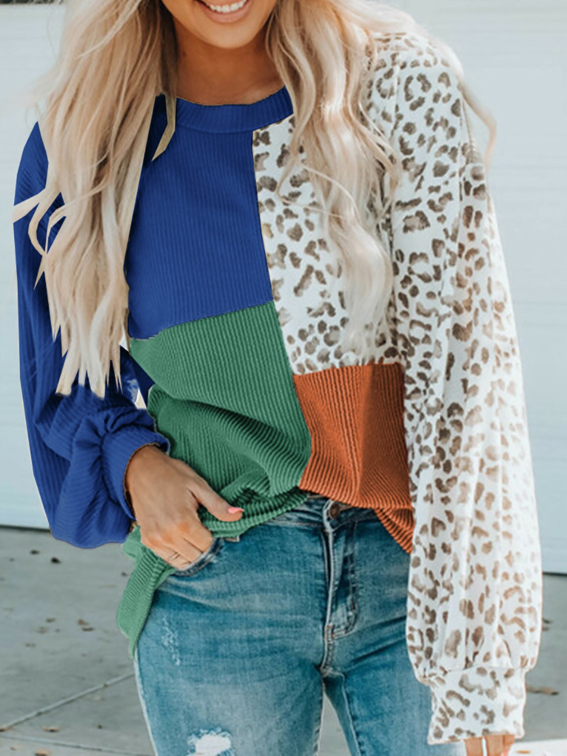 Color Block Leopard Round Neck Sweatshirt featuring colorful panels and leopard print, perfect for casual style.