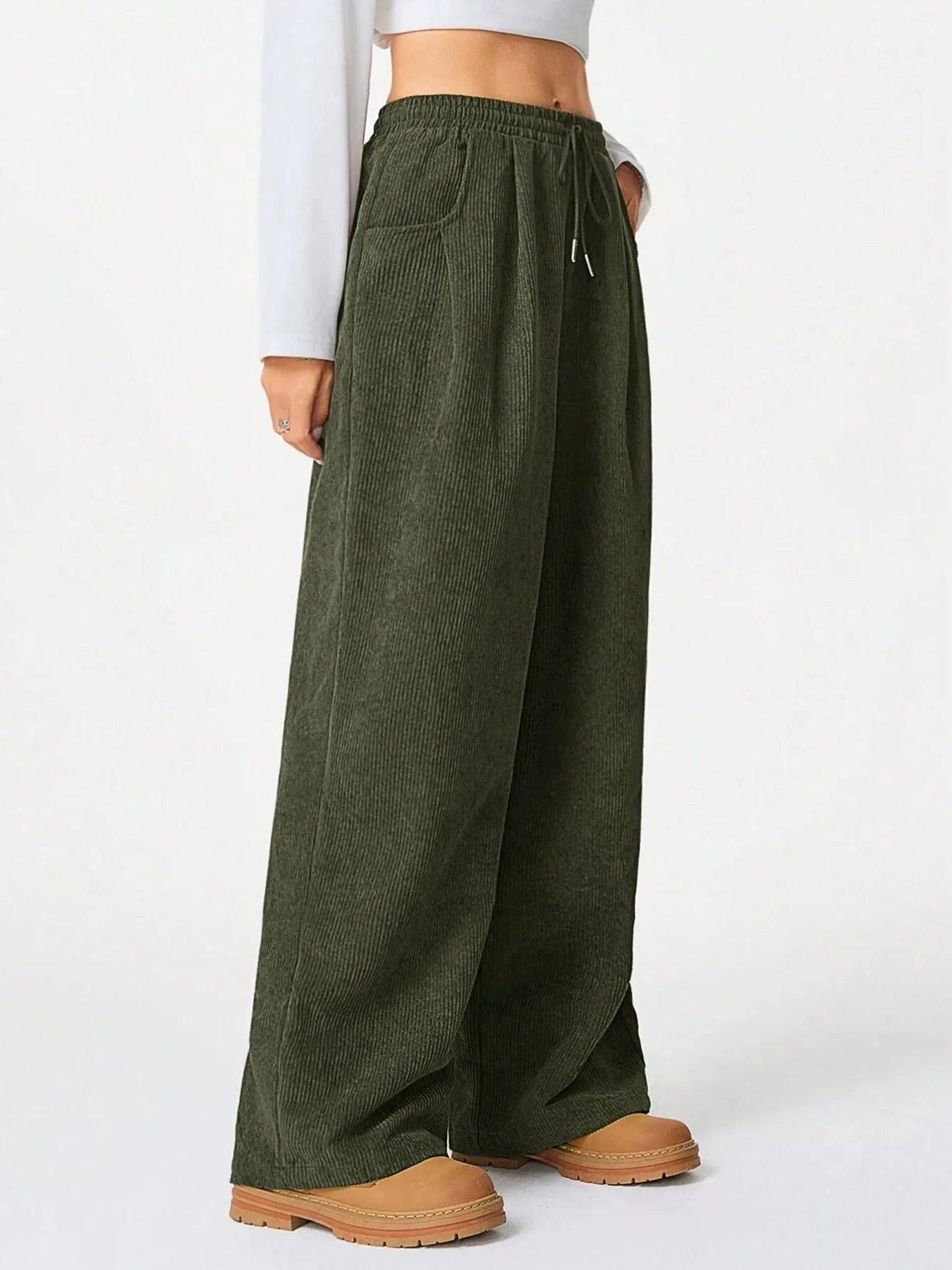 Drawstring Wide Leg Pants in olive green, featuring a relaxed fit and pockets for everyday comfort.