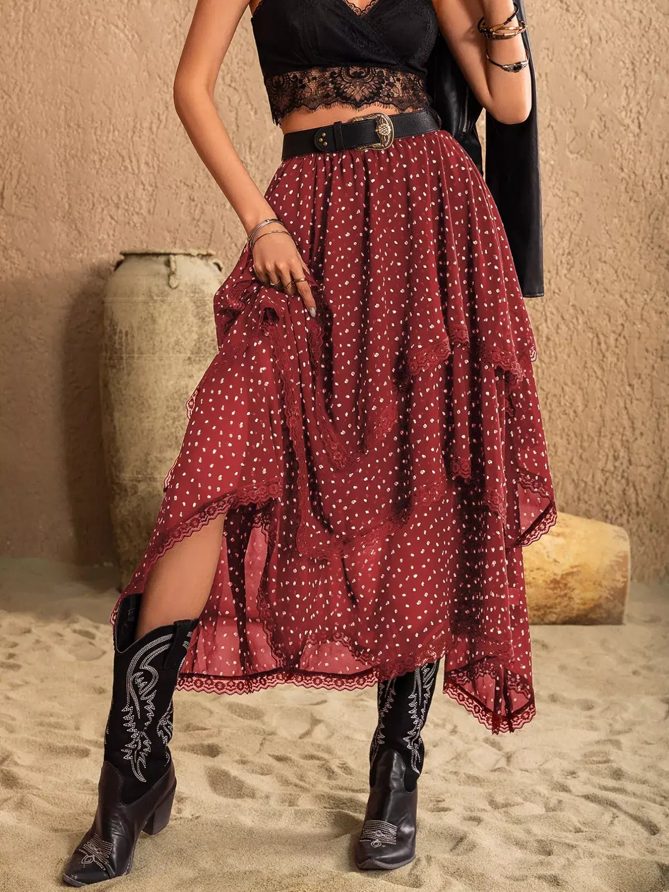 Lace Detail Layered Skirt styled with a black crop top and western boots, showcasing a flowing silhouette and romantic aesthetic.