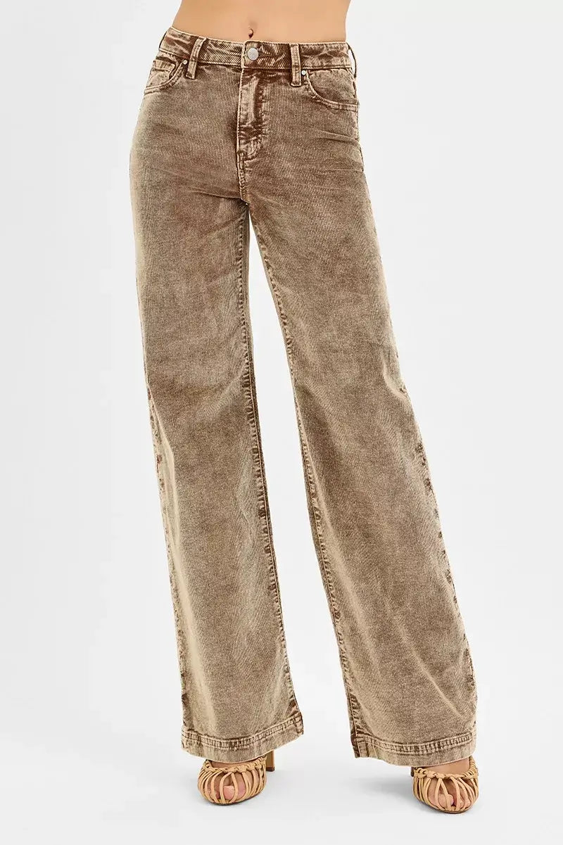 RISEN High Rise Wide Leg Corduroy Jeans in brown, featuring a flattering cut and retro style, perfect for any outfit.